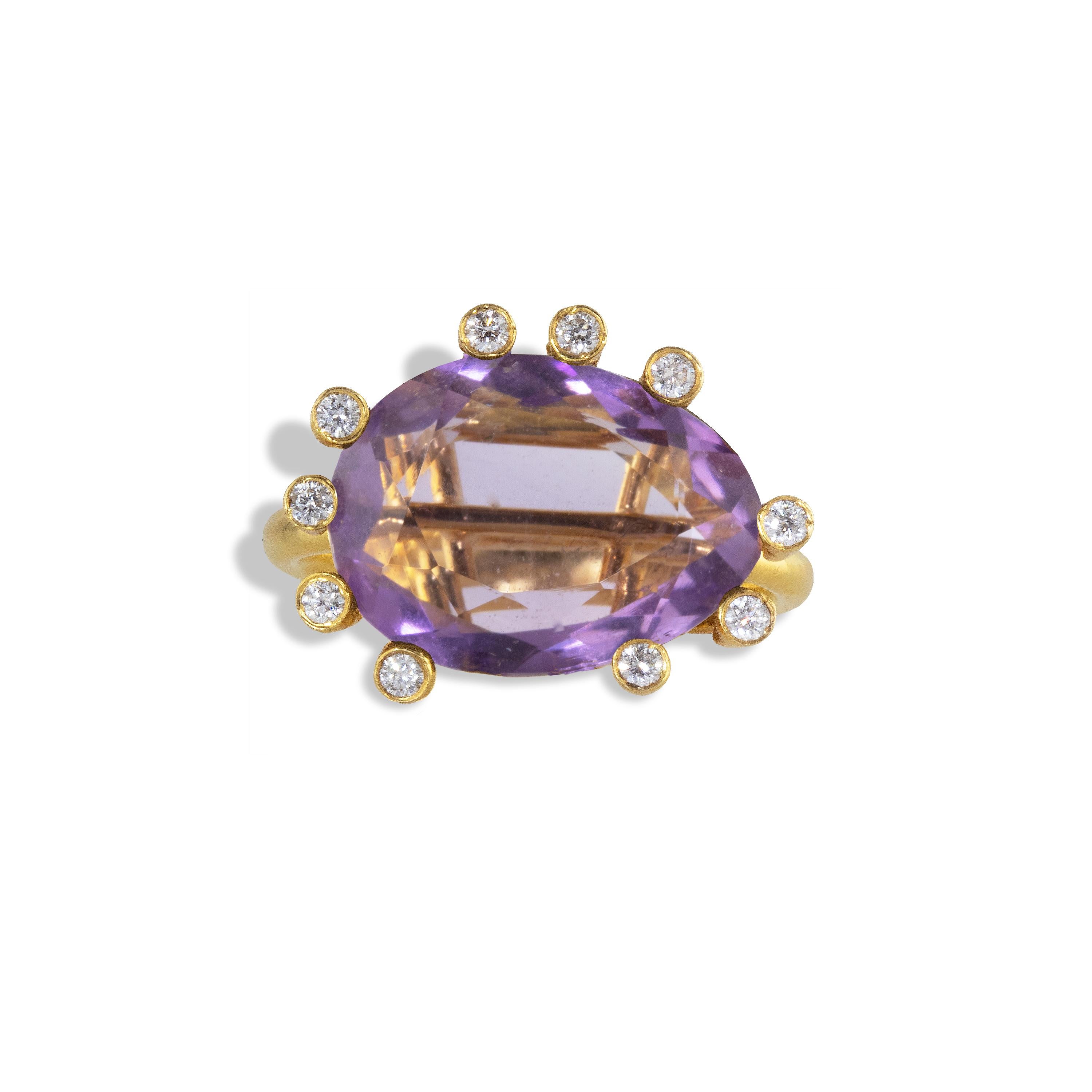 Rose Cut Ico & the Bird Fine Jewelry 11 carat Amethyst Diamond Gold Ring For Sale