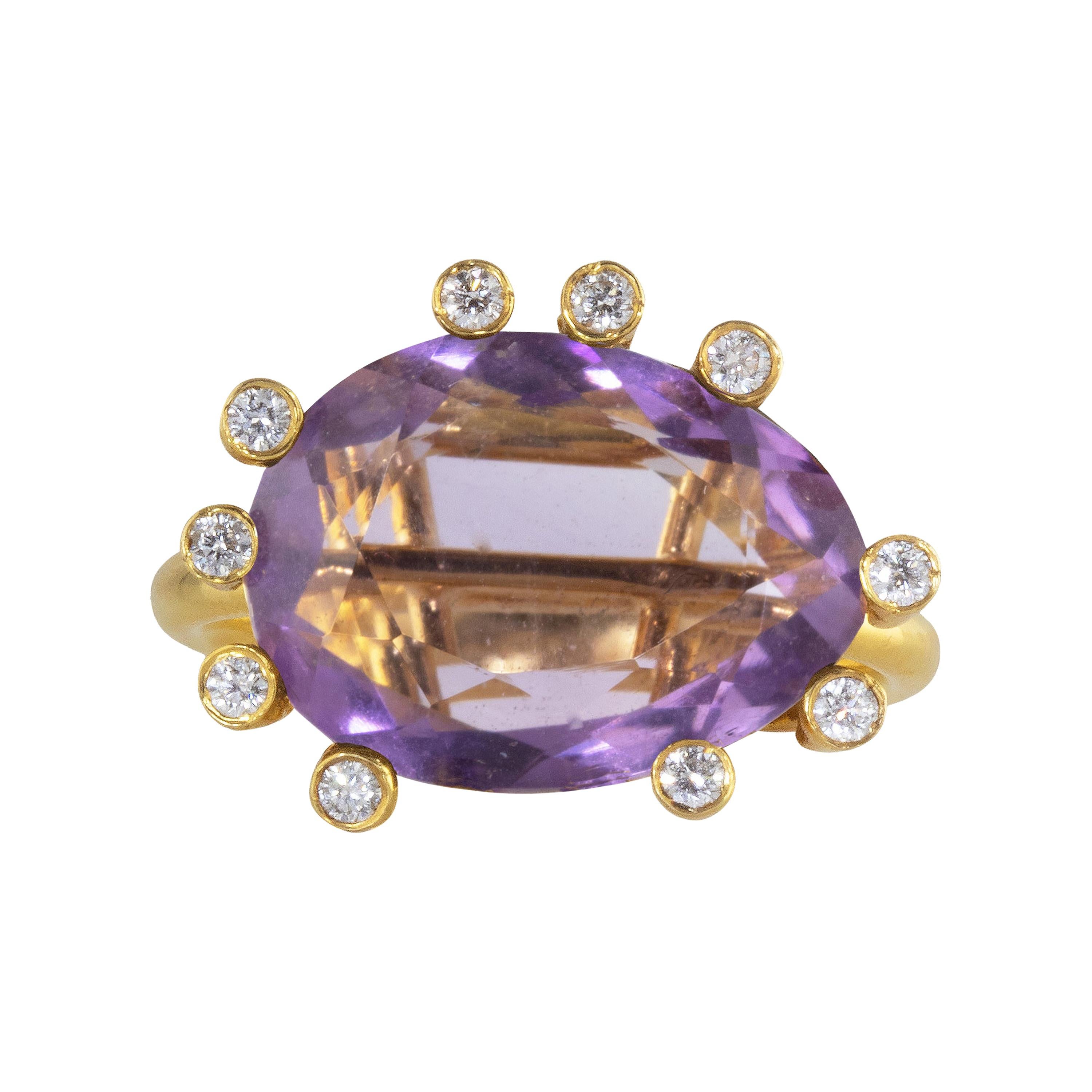 Ico & the Bird Fine Jewelry 11 carat Amethyst Diamond Gold Ring For Sale