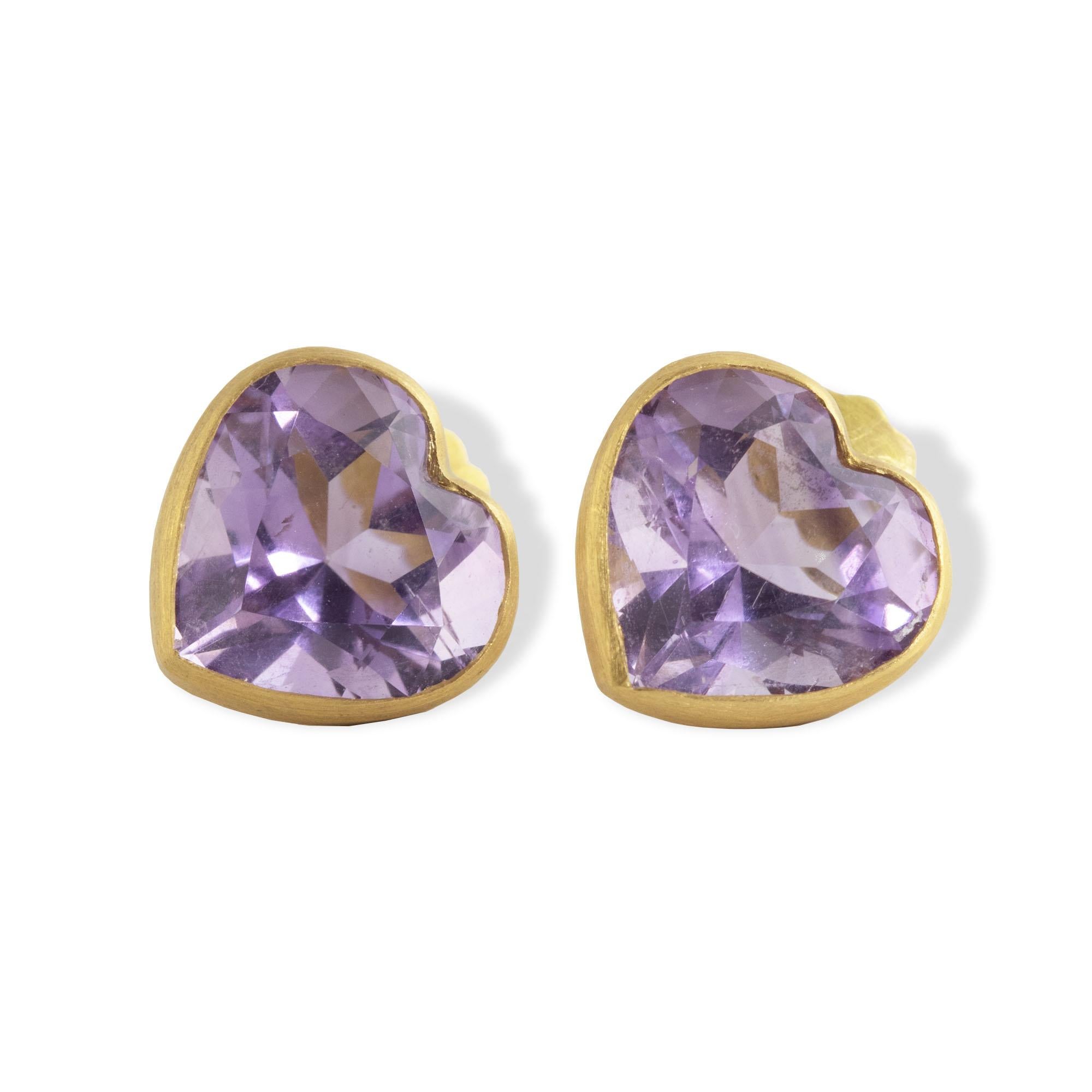 Artisan Ico & the Bird Fine Jewelry Amethyst Heart 22k Gold Stud Earrings For Sale