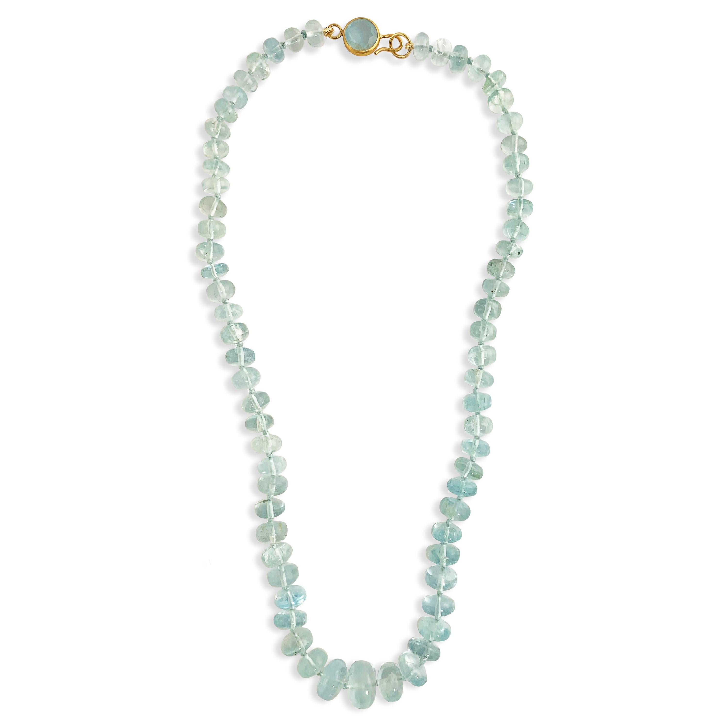 Dreamy Aquamarine Beaded Necklace with 22k gold clasp.  AAA Aquamarine beads measuring 6mm to 9mm and can be worn two ways;  with the clasp in front or behind.  Perfect alone or with paired with other necklaces.
Aquamarine is the birthstone for the