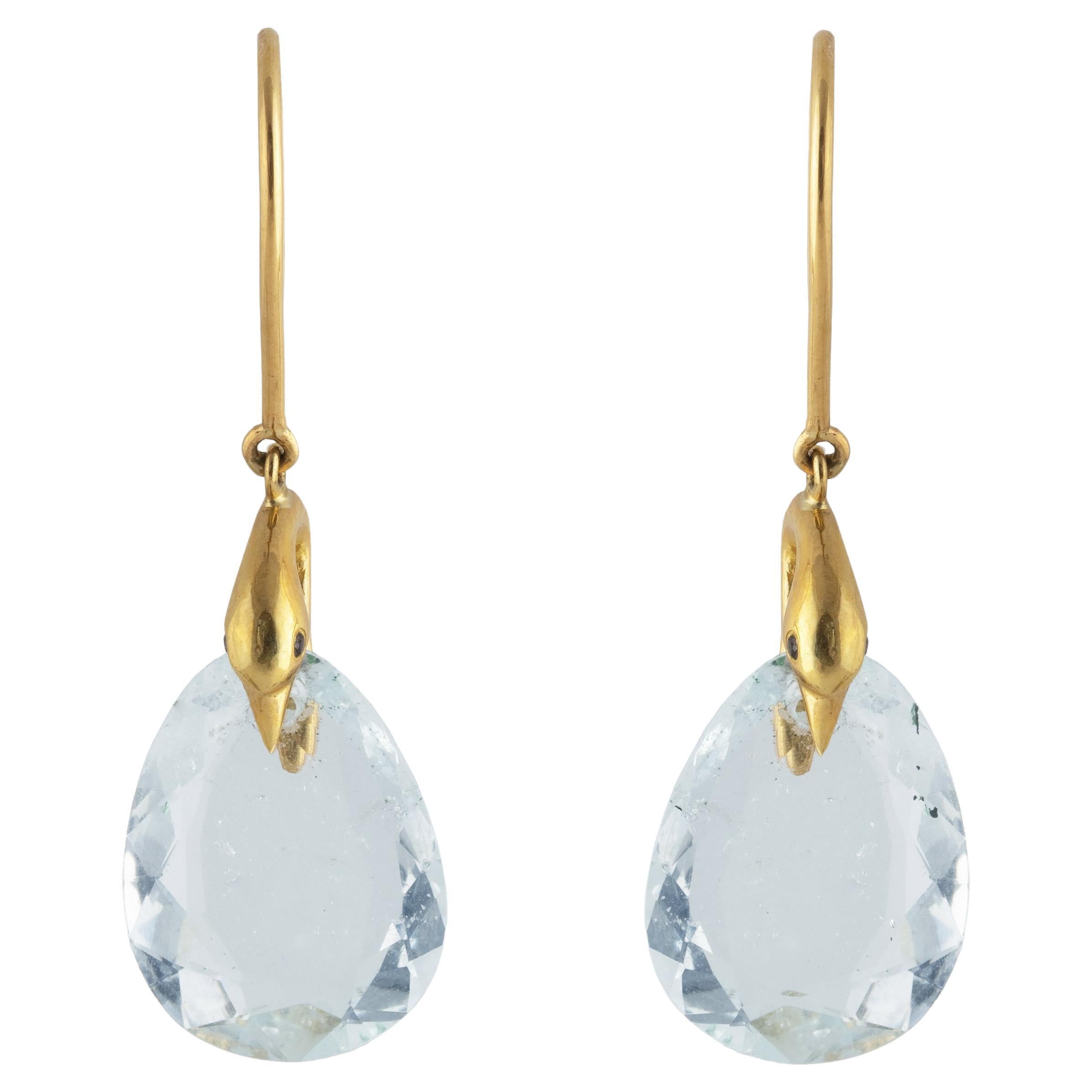 Ico & the Bird Fine Jewelry 20 carat Aquamarine Diamond Gold Earrings  For Sale