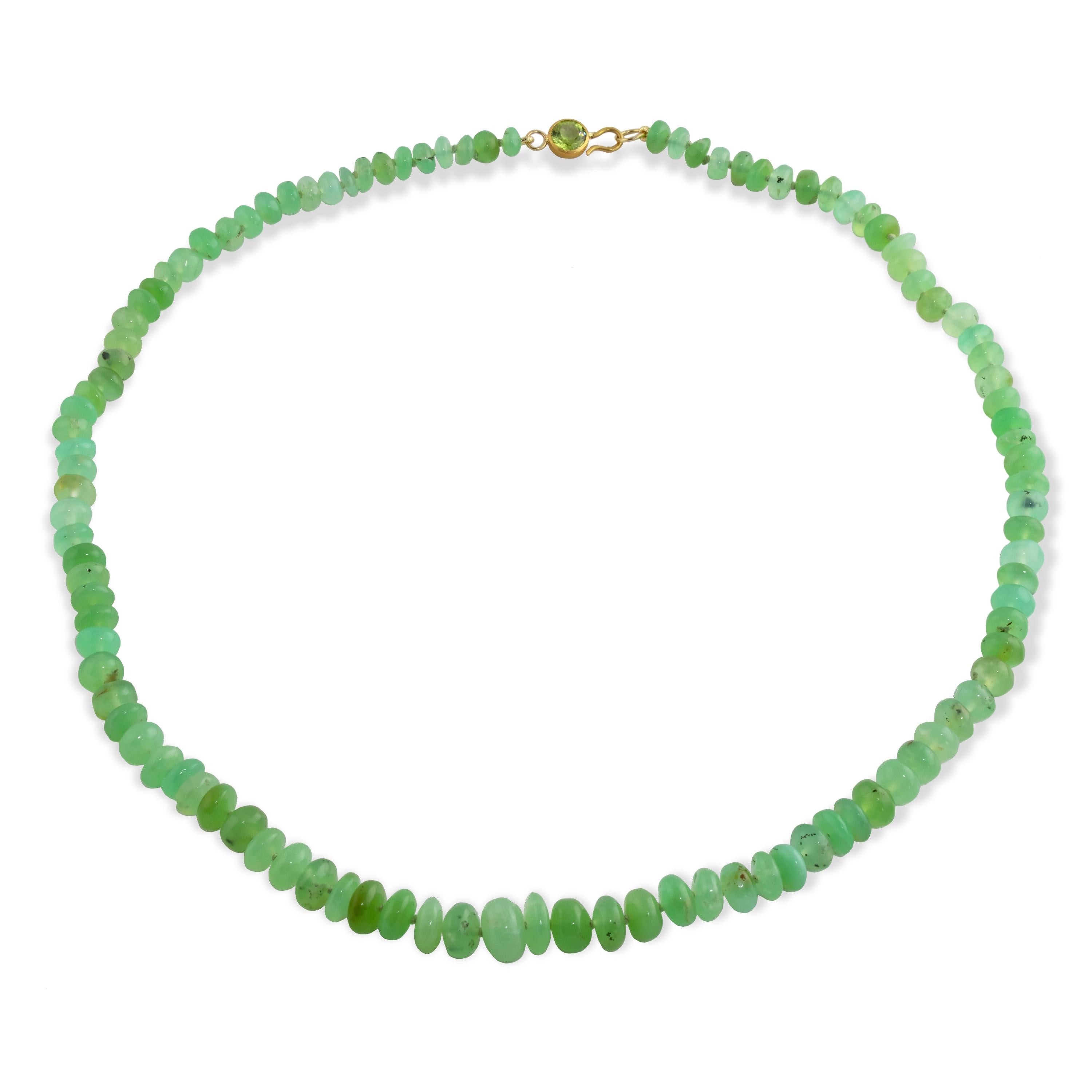 A gorgeous, bright green necklace made from natural chrysoprase.  Perfect to pair with other necklaces or wear on its own.  Chrysoprase beads graduate from 7mm to 9mm.  
Measures 18