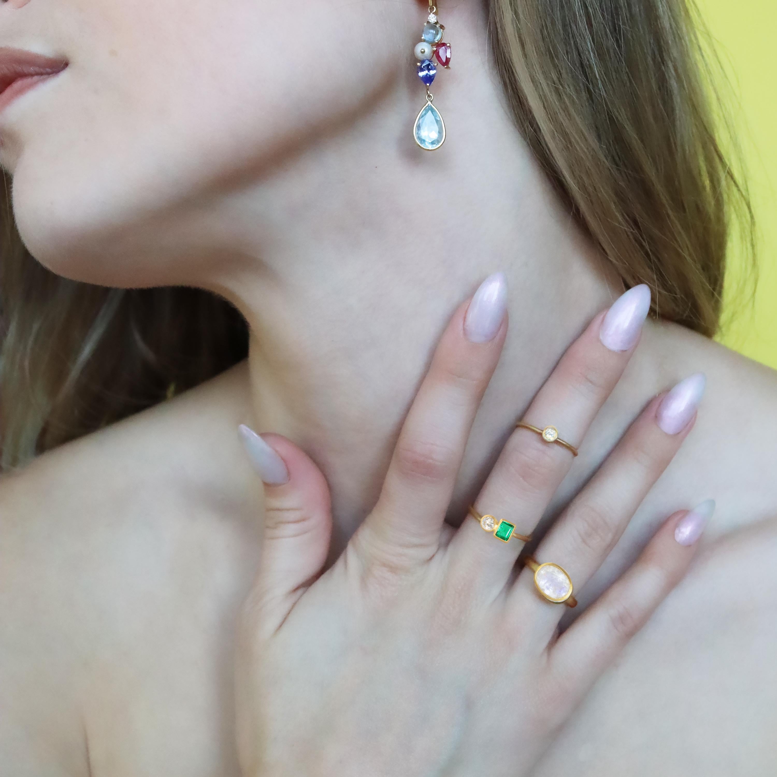 Artisan Ico & the Bird Fine Jewelry Emerald Diamond 22k Gold Stacking Ring