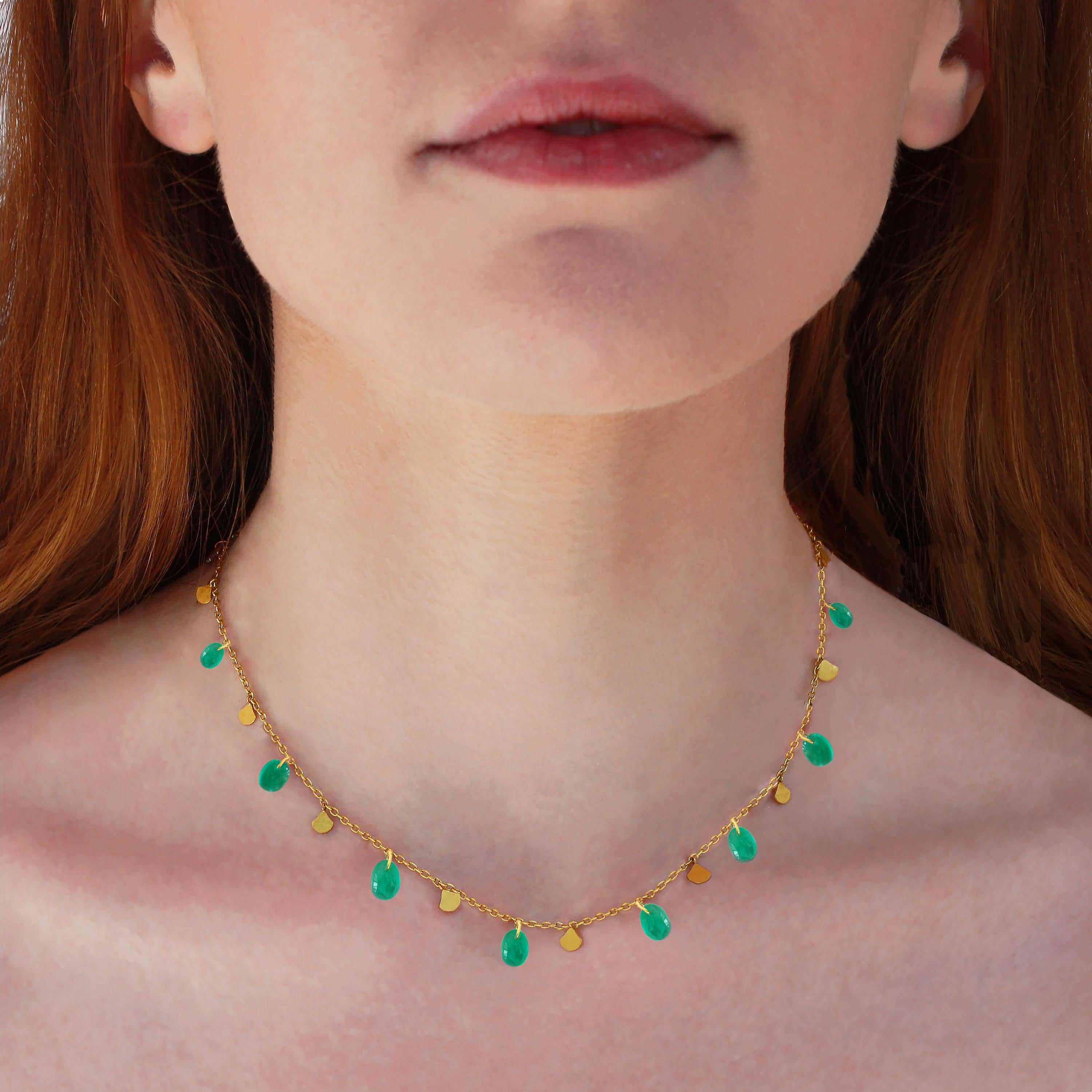 Artisan Ico & the Bird Fine Jewelry Columbian Emerald Pebbles 22k Gold Necklace For Sale