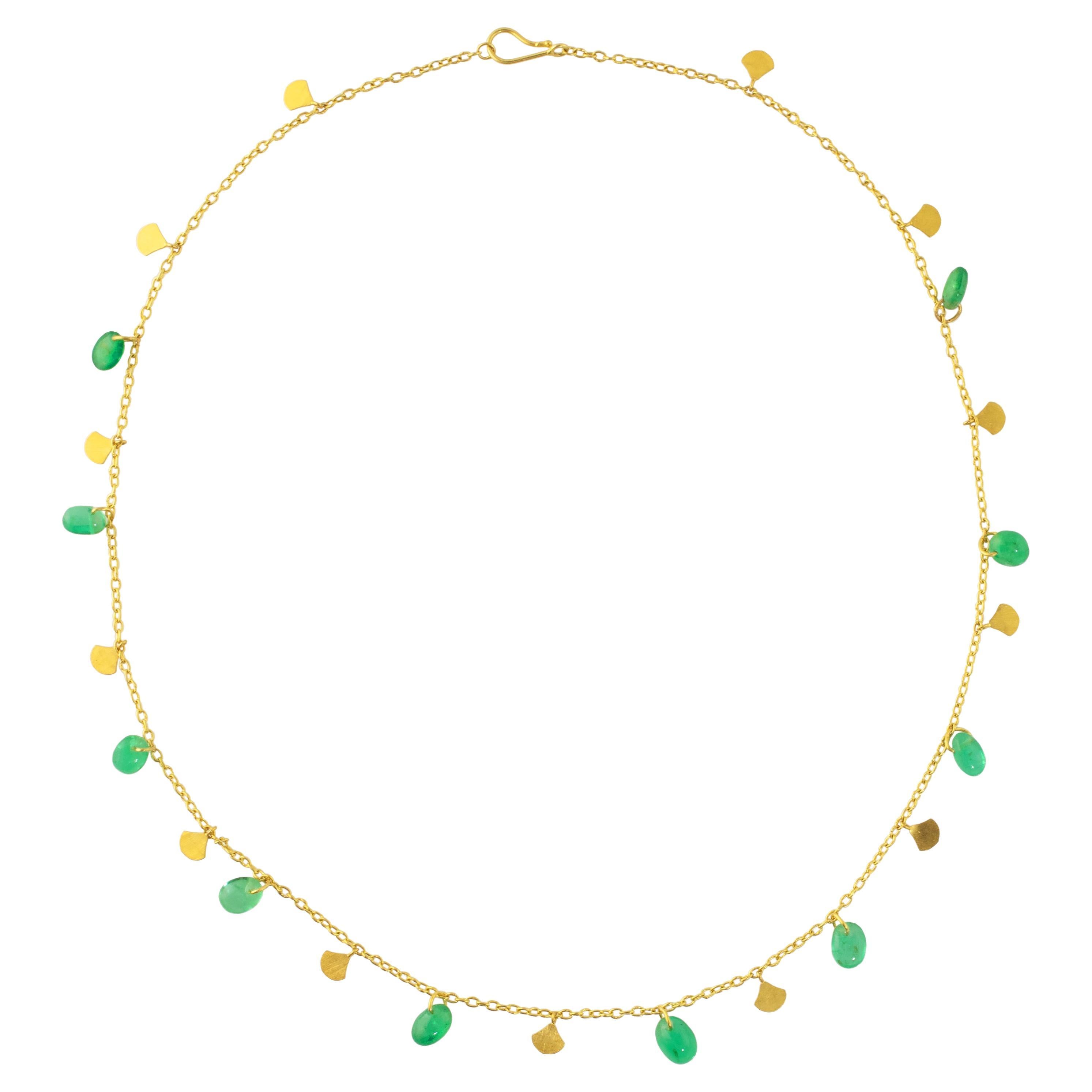 Ico & the Bird Fine Jewelry Columbian Emerald Pebbles 22k Gold Necklace For Sale