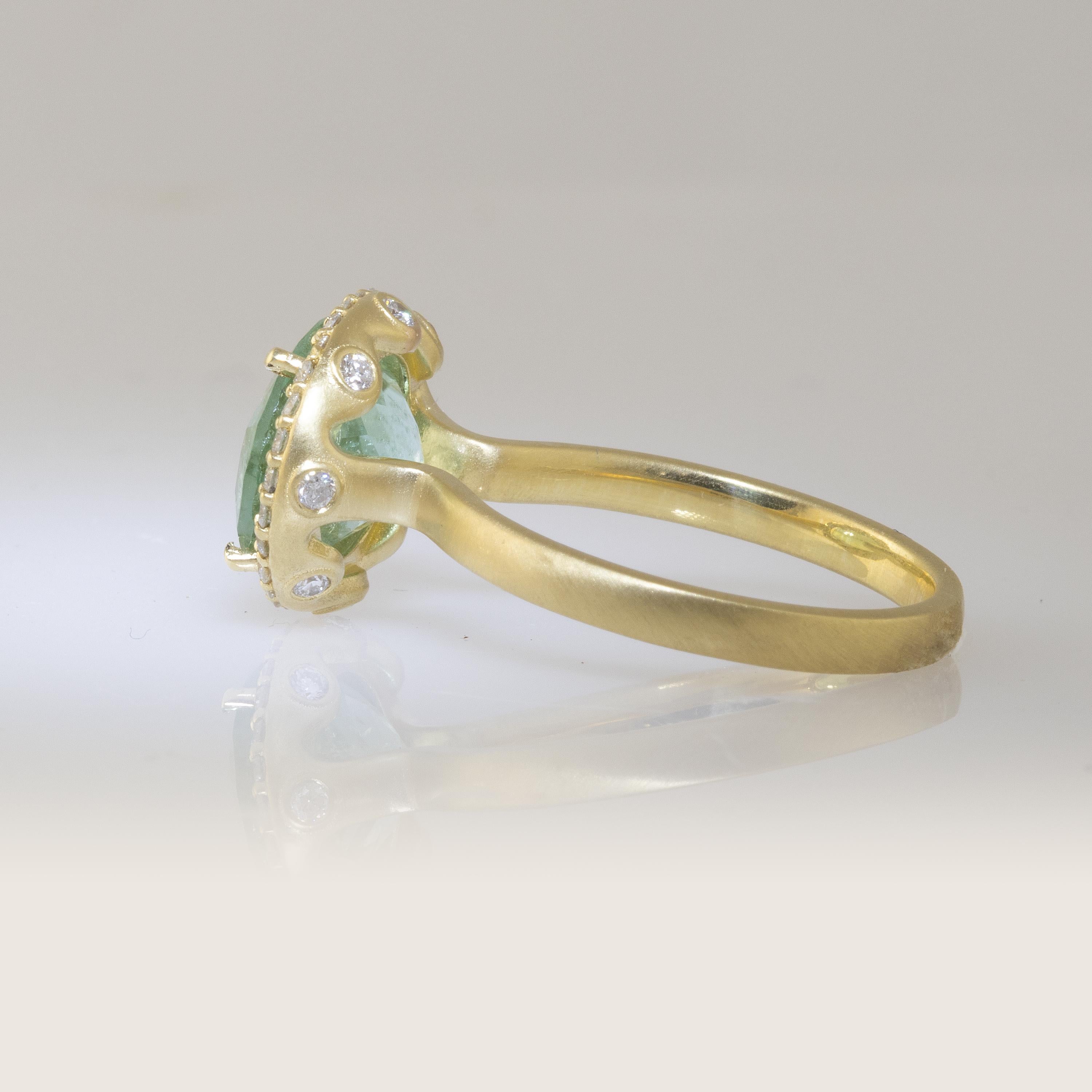 Artisan Ico & the Bird Fine Jewelry 4.29 carat Mint Tourmaline Diamond Gold Ring For Sale