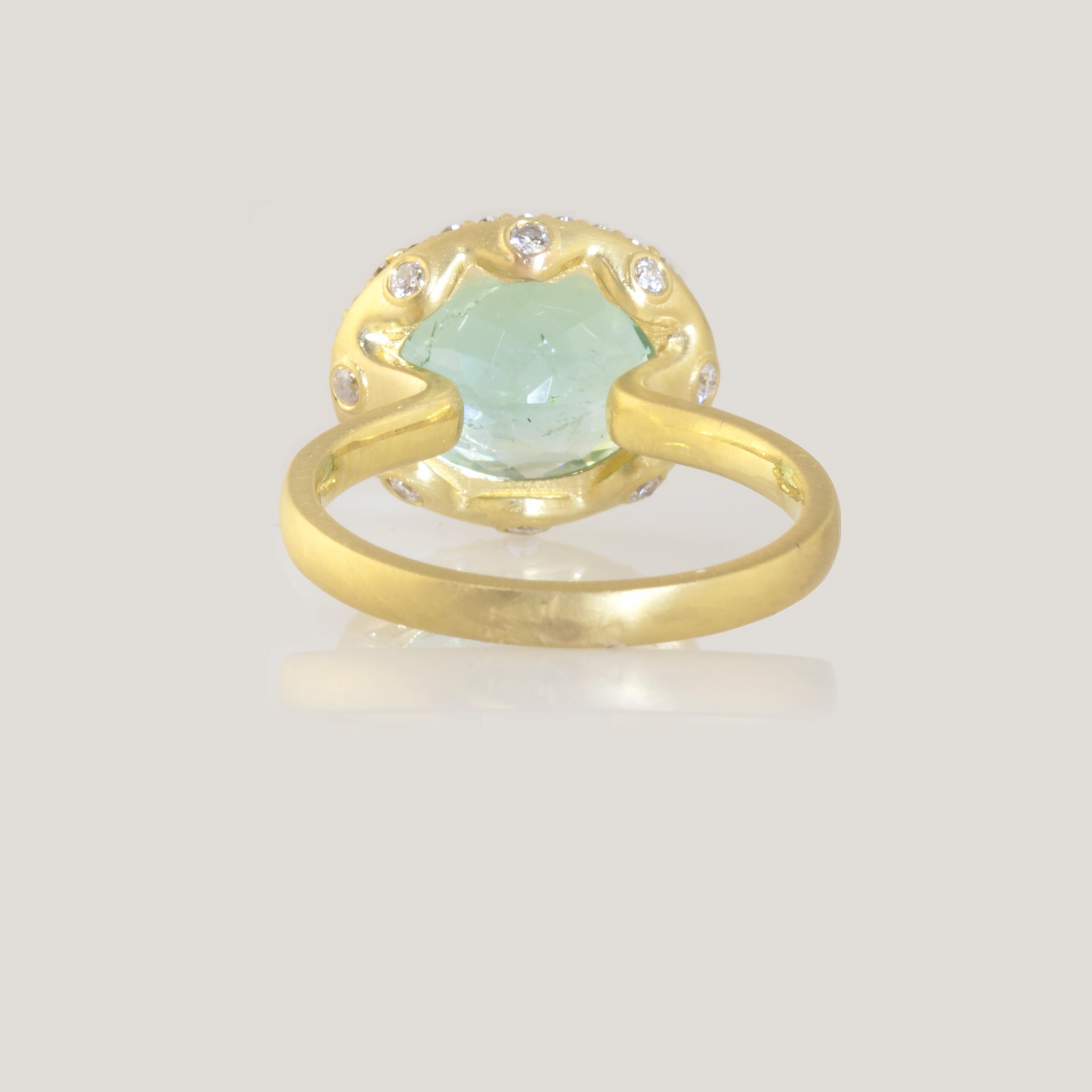 Ico & the Bird Fine Jewelry 4.29 carat Mint Tourmaline Diamond Gold Ring In New Condition For Sale In Los Angeles, CA