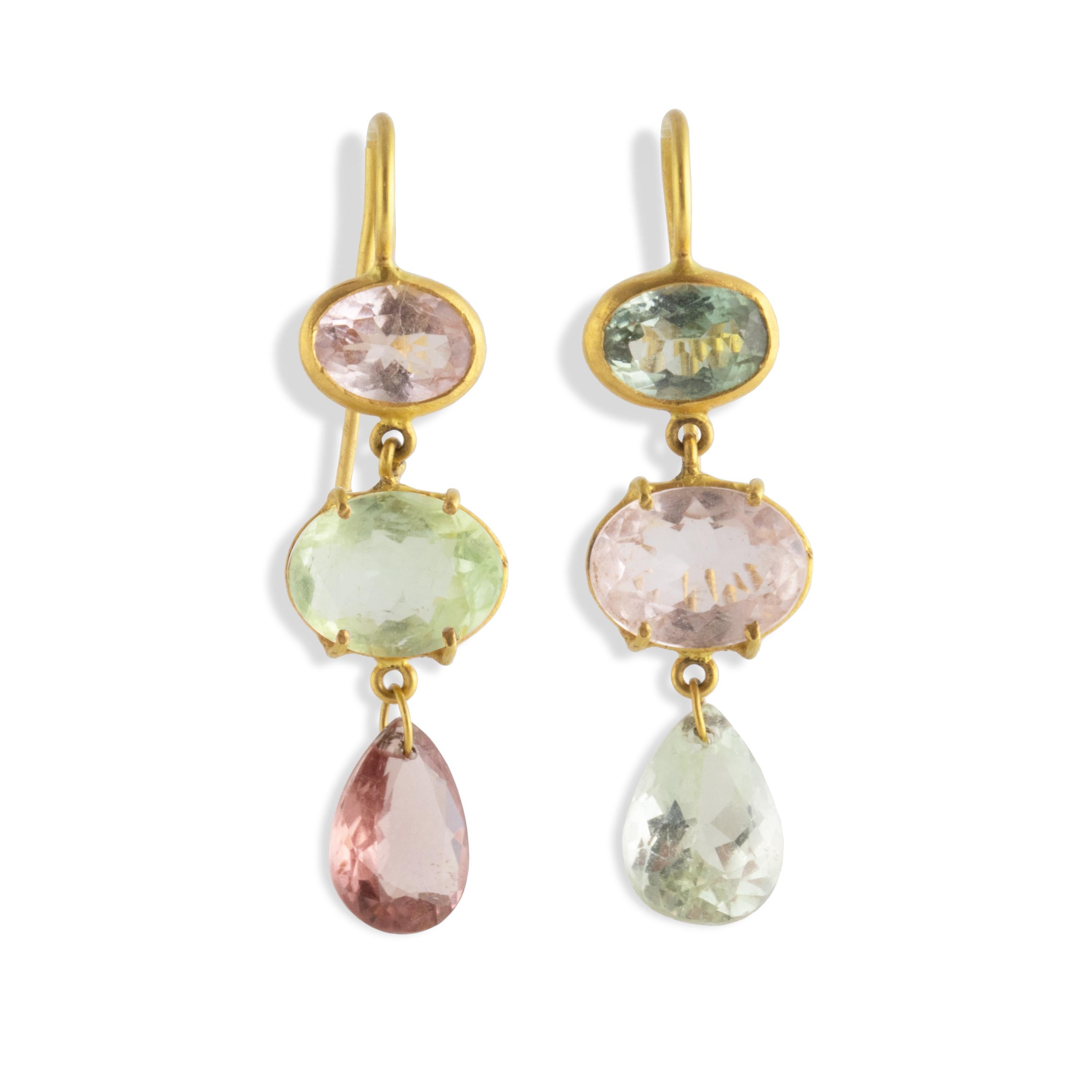Artisan Ico & the Bird Fine Jewelry Multi-Color Tourmaline 22k Gold Earrings 