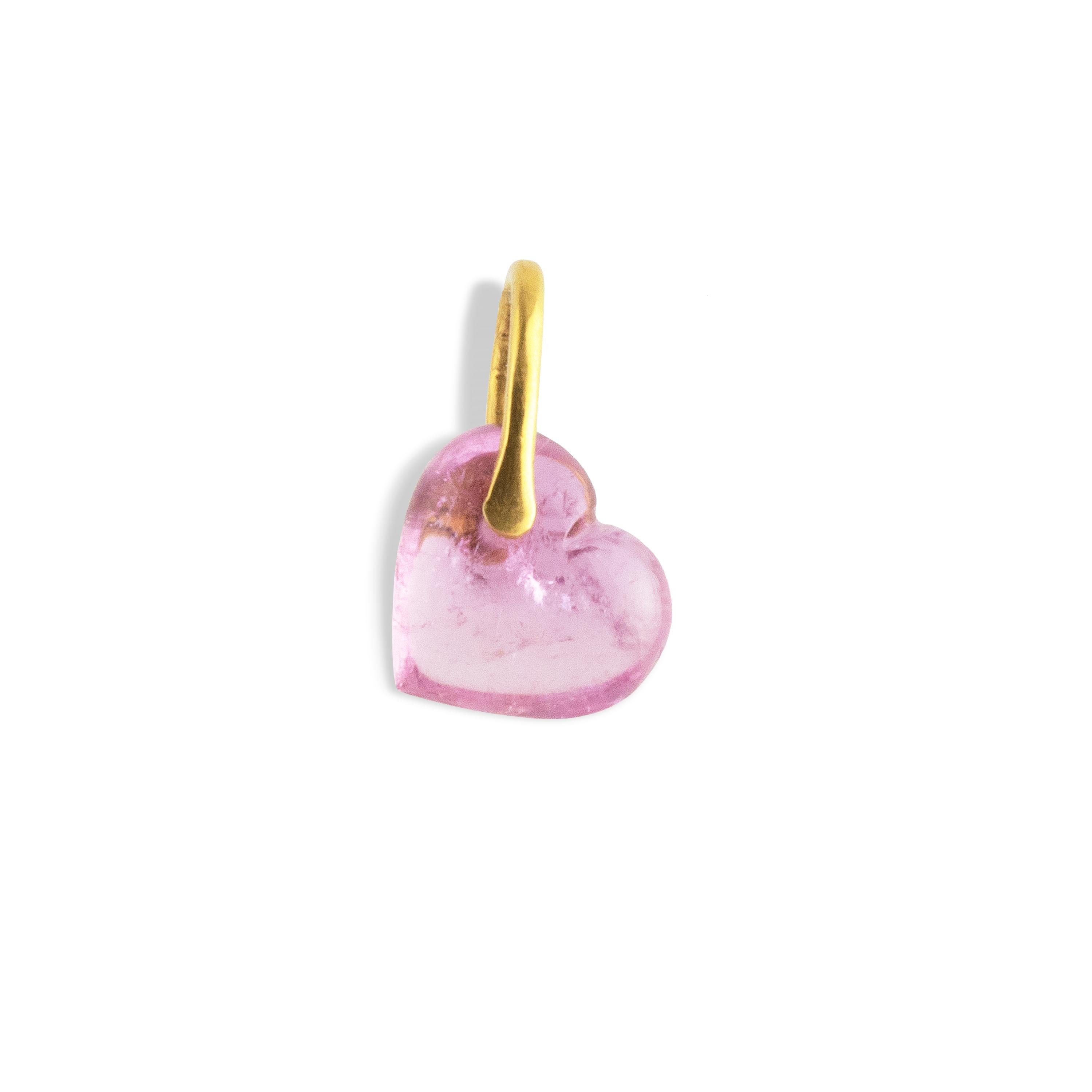This  12mm pink tourmaline puffy heart pendant is hand carved and set with a 22k gold bale.   Measures 17mm x 11mm x 5mm. It hangs on an 18' Cable Chain.
Hand carved in Jaipur, India.

Pink Tourmaline is a stone of love, compassion, emotional