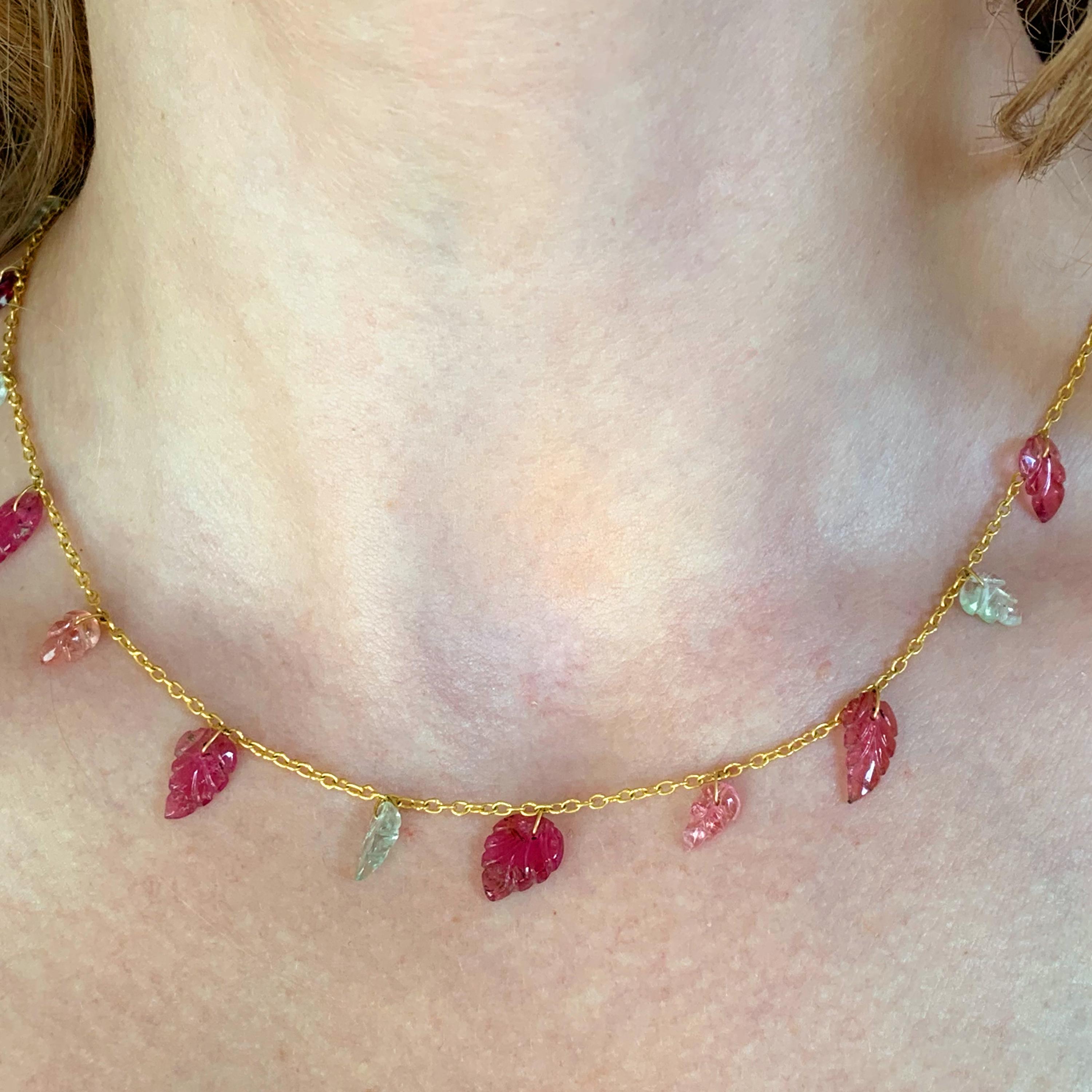 Mixed Cut Ico & the Bird Fine Jewelry Pink Tourmaline Carved Leaf  22 Karat Gold Necklace 