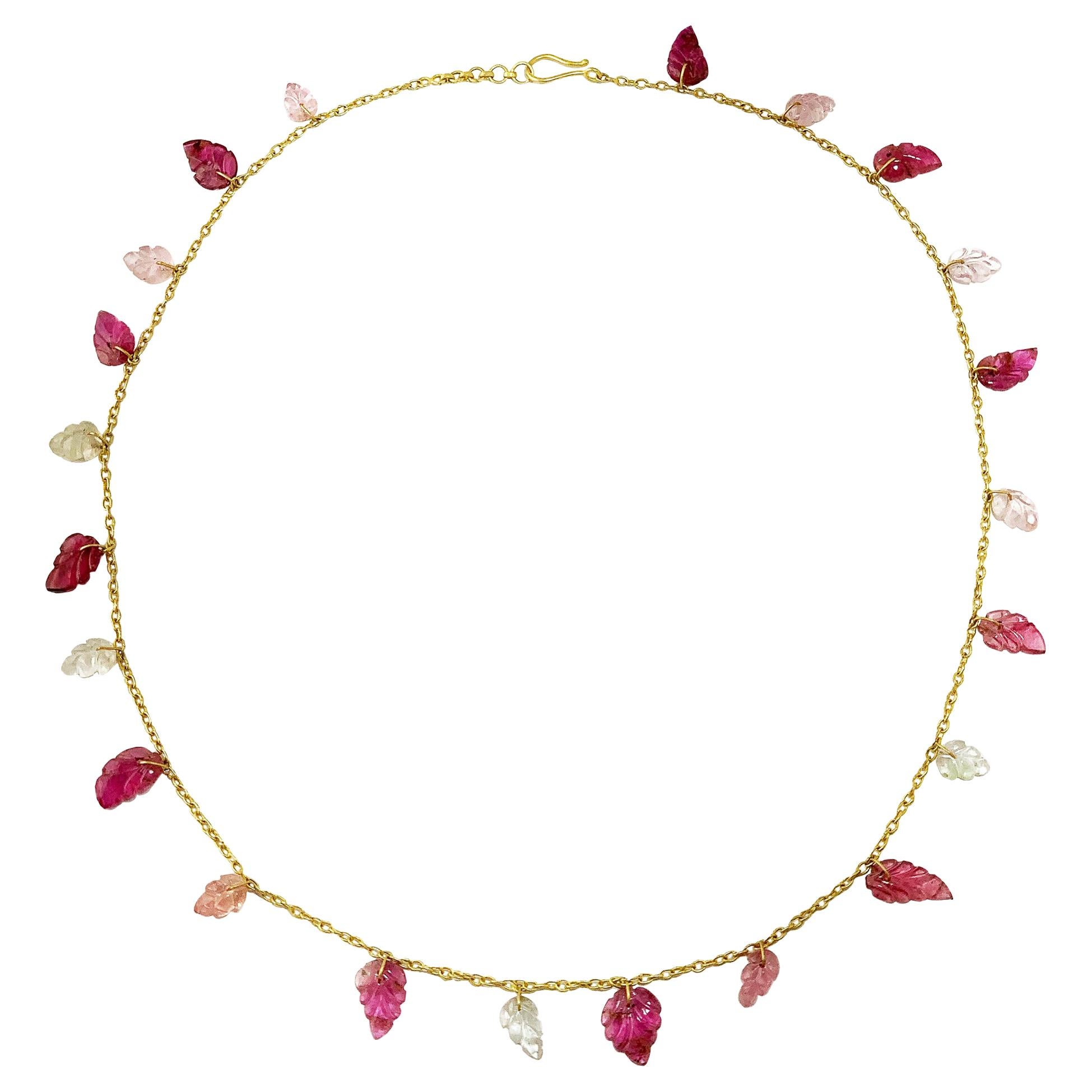Ico & the Bird Fine Jewelry Pink Tourmaline Carved Leaf  22 Karat Gold Necklace 