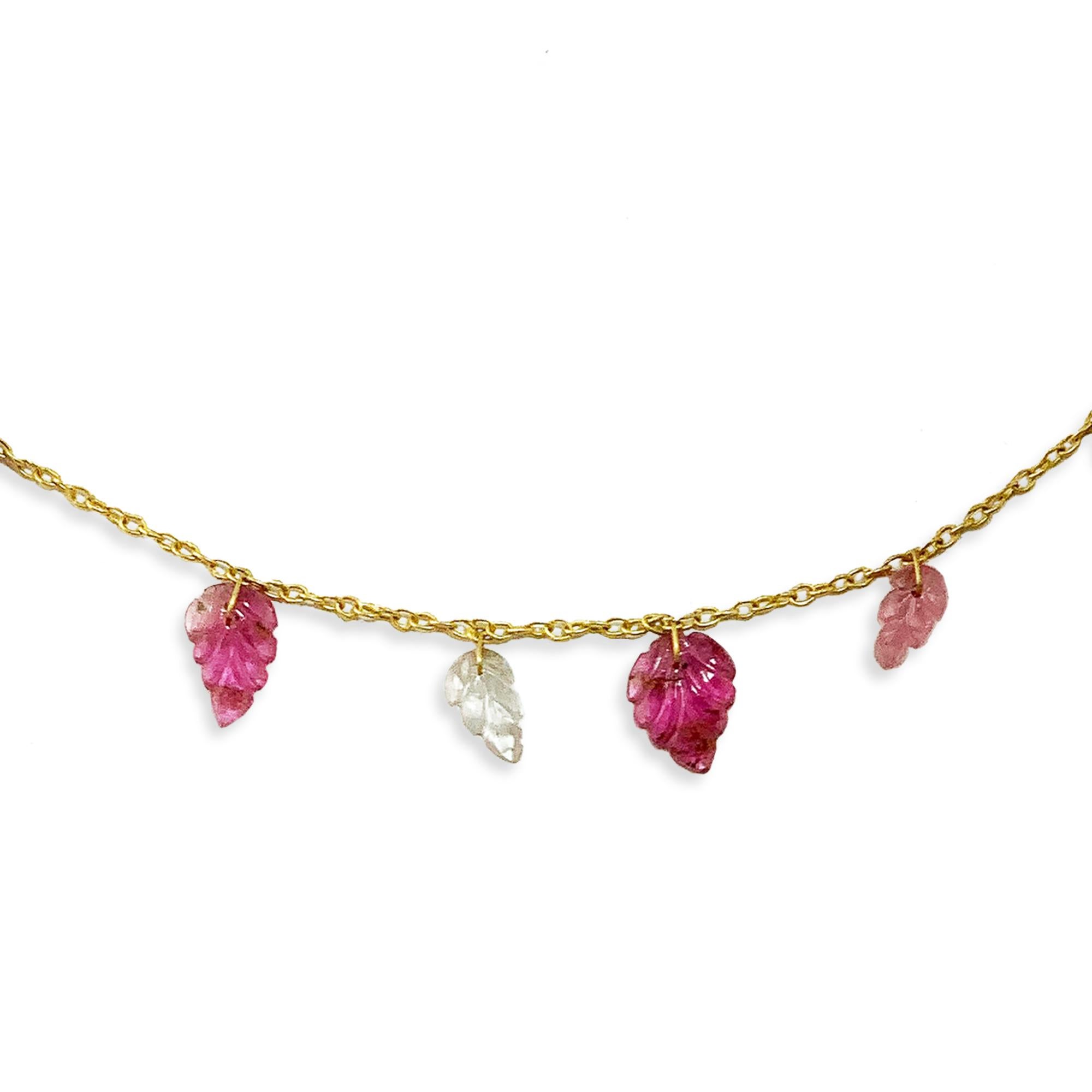 Artisan Ico & the Bird Fine Jewelry Pink Tourmaline Carved Leaf  22 Karat Gold Necklace 