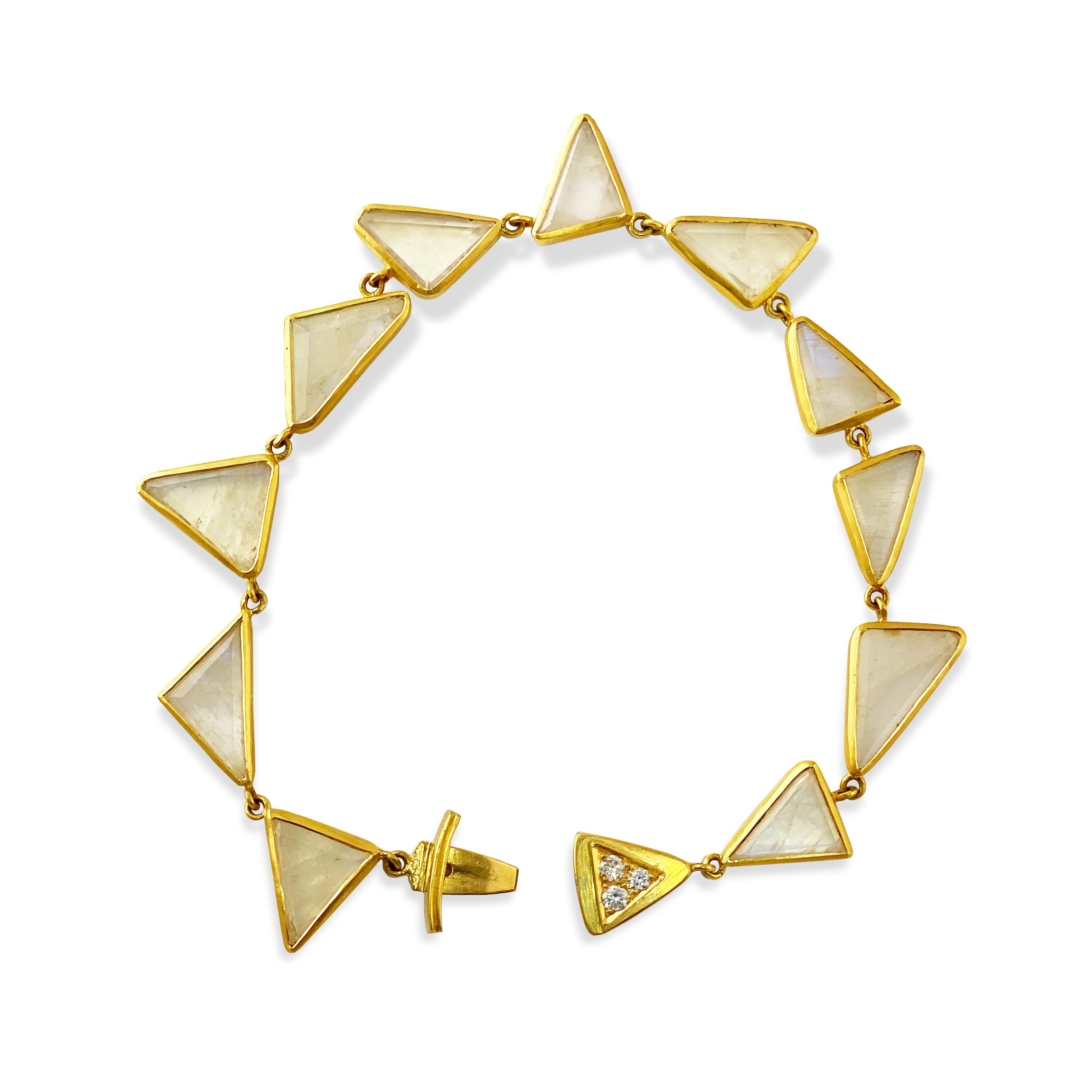 Artisan Ico & the Bird Fine Jewelry Rainbow Moonstone Diamond Triangle 22k gold Bracelet