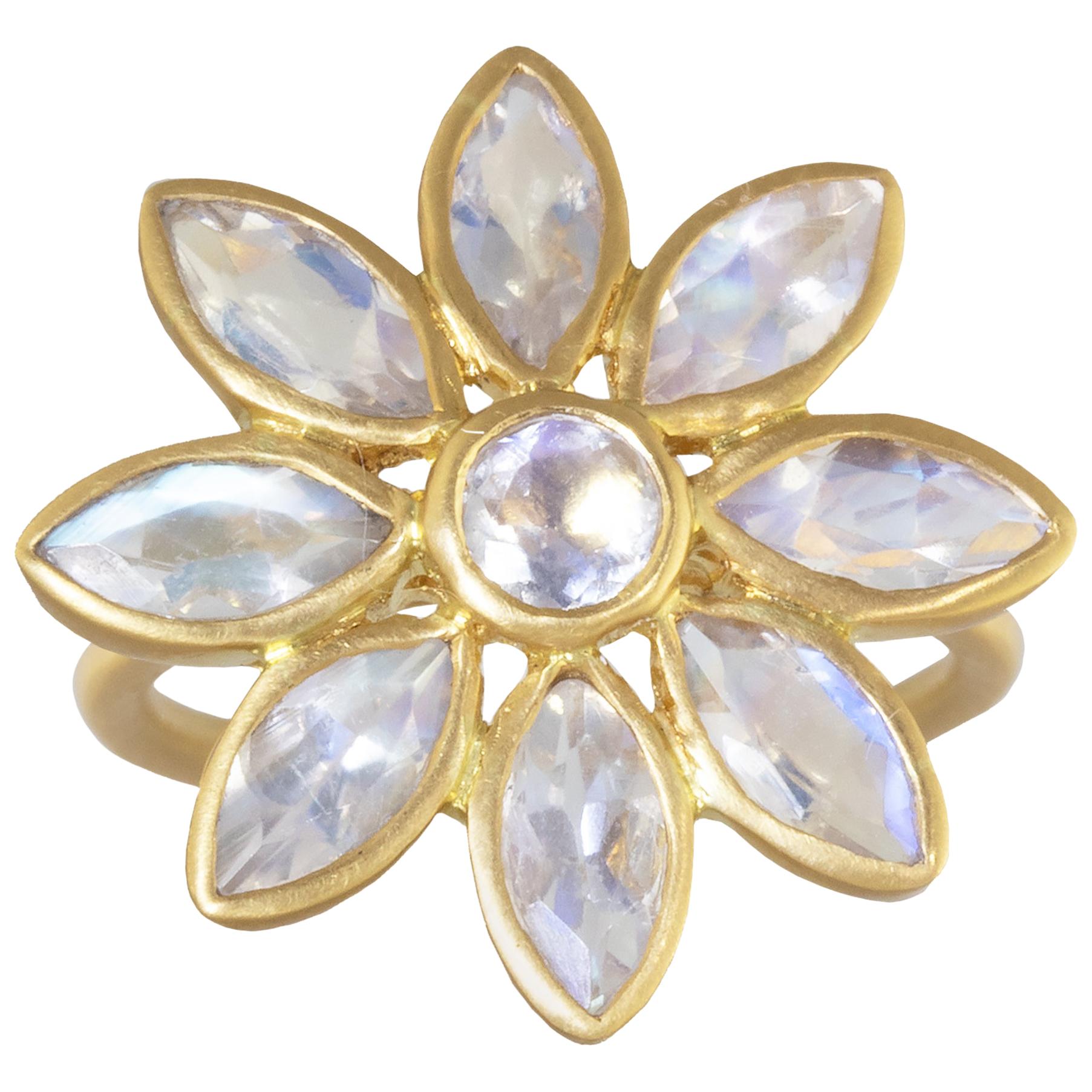Ico & the Bird Fine Jewelry 4.75 carat Rainbow Moonstone Flower Gold Ring For Sale
