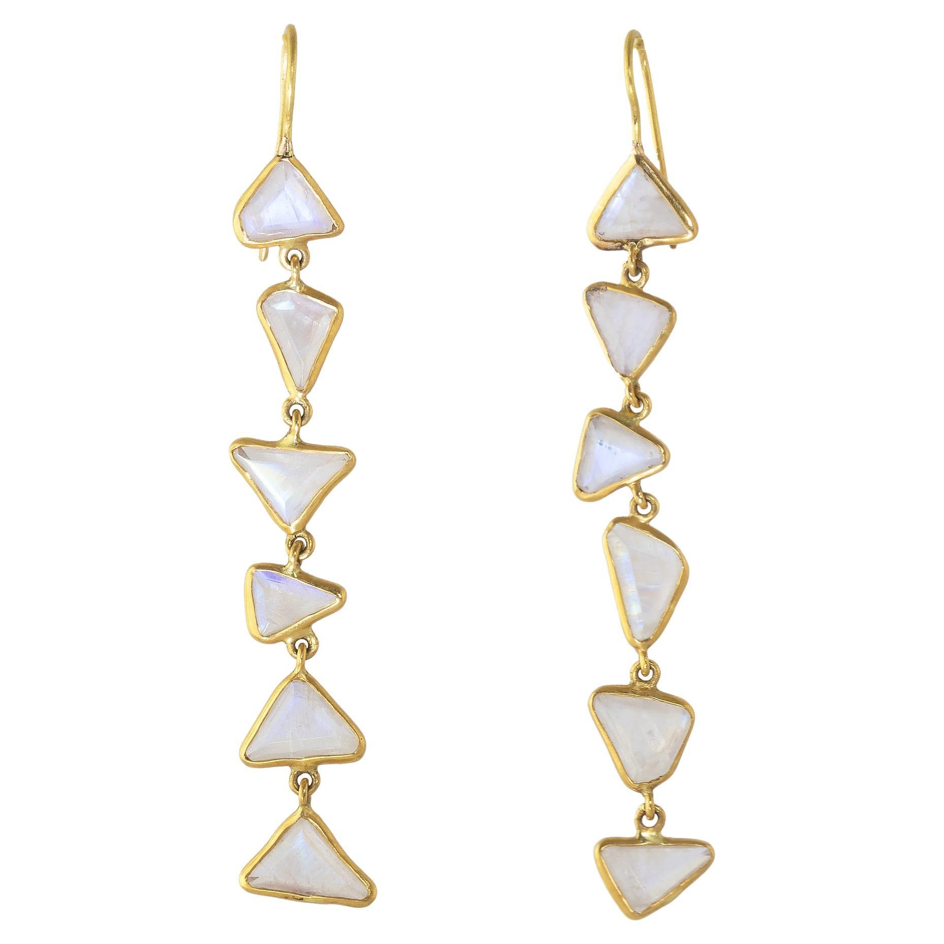 Ico & the Bird Fine Jewelry Rainbow Moonstone Triangle Earrings in 22k Gold For Sale