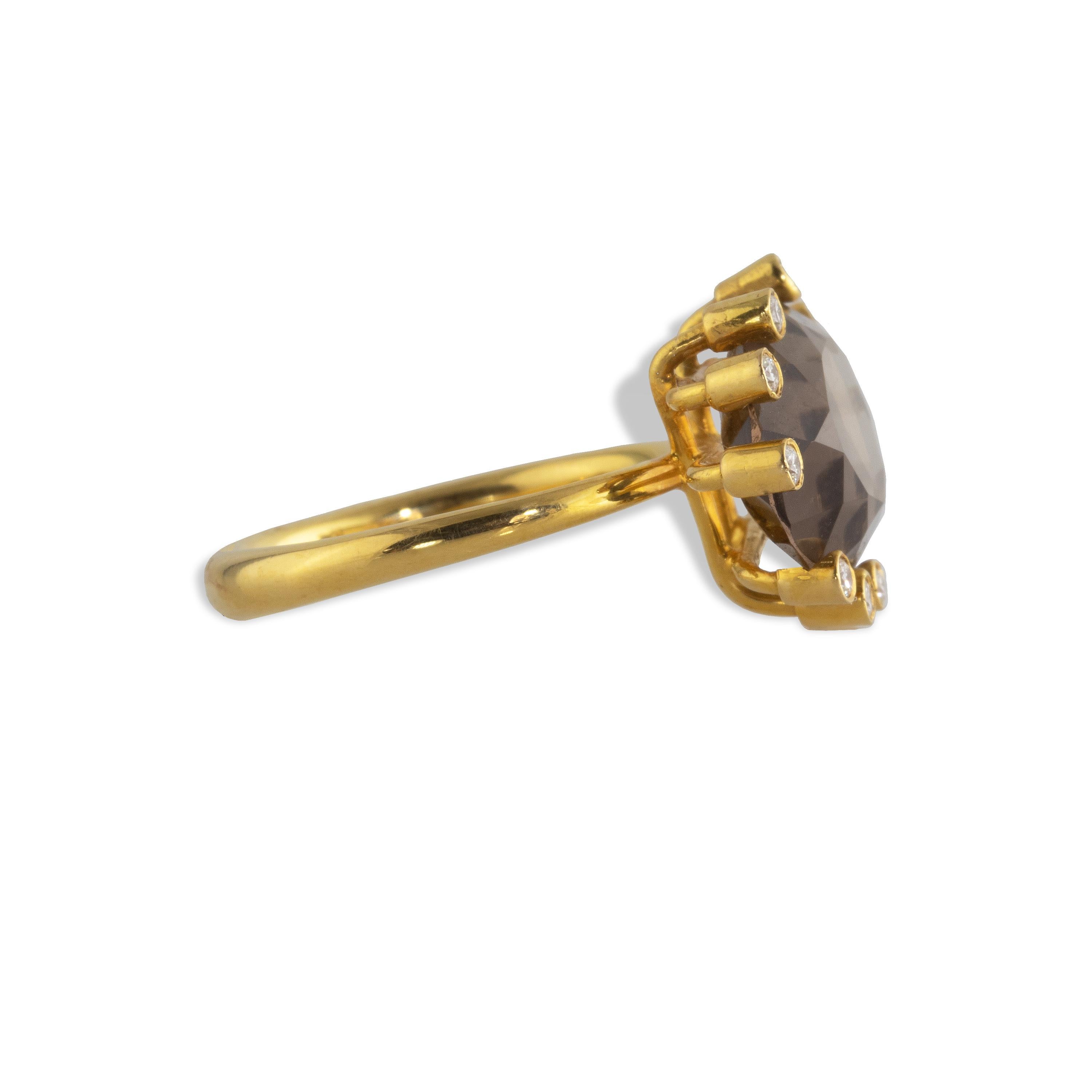 Artisan Ico & the Bird Fine Jewelry 11 carat Smokey Topaz Diamond Gold Ring For Sale