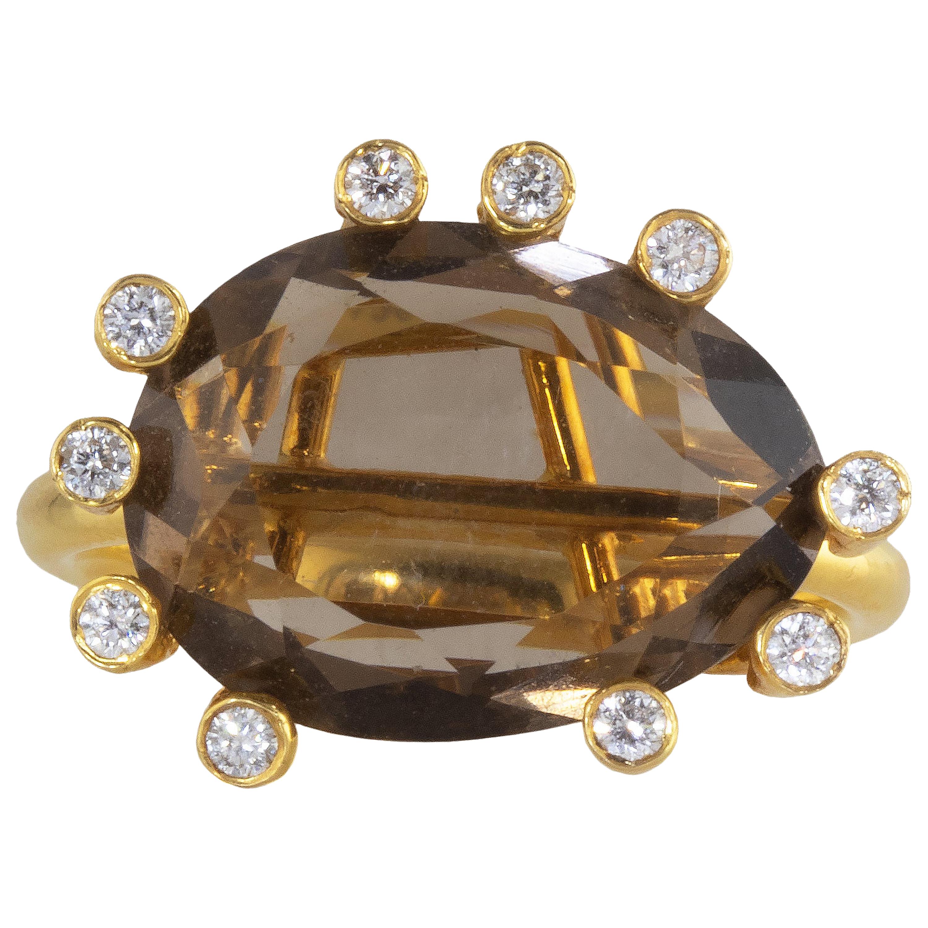 Ico & the Bird Fine Jewelry 11 carat Smokey Topaz Diamond Gold Ring For Sale