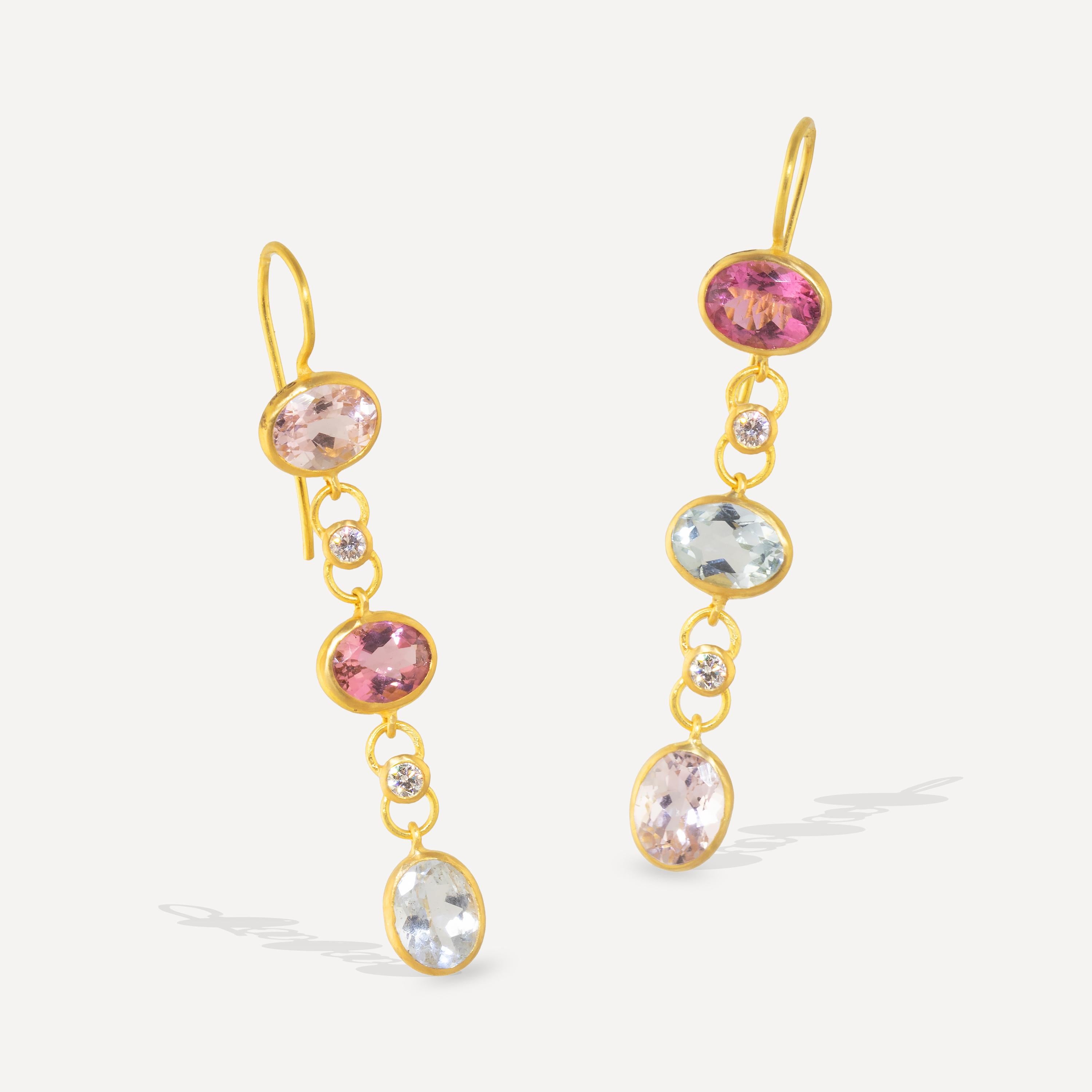 Multicolored tourmaline and  diamonds are highlighted in these spectacular earrings, hand-made at out workshop in Jaipur in 22k gold.
Featuring 8.4 carats of Multi-colored pastel tourmalines and .40carats of VVS F+ diamonds.

Drops measure 48mm Long