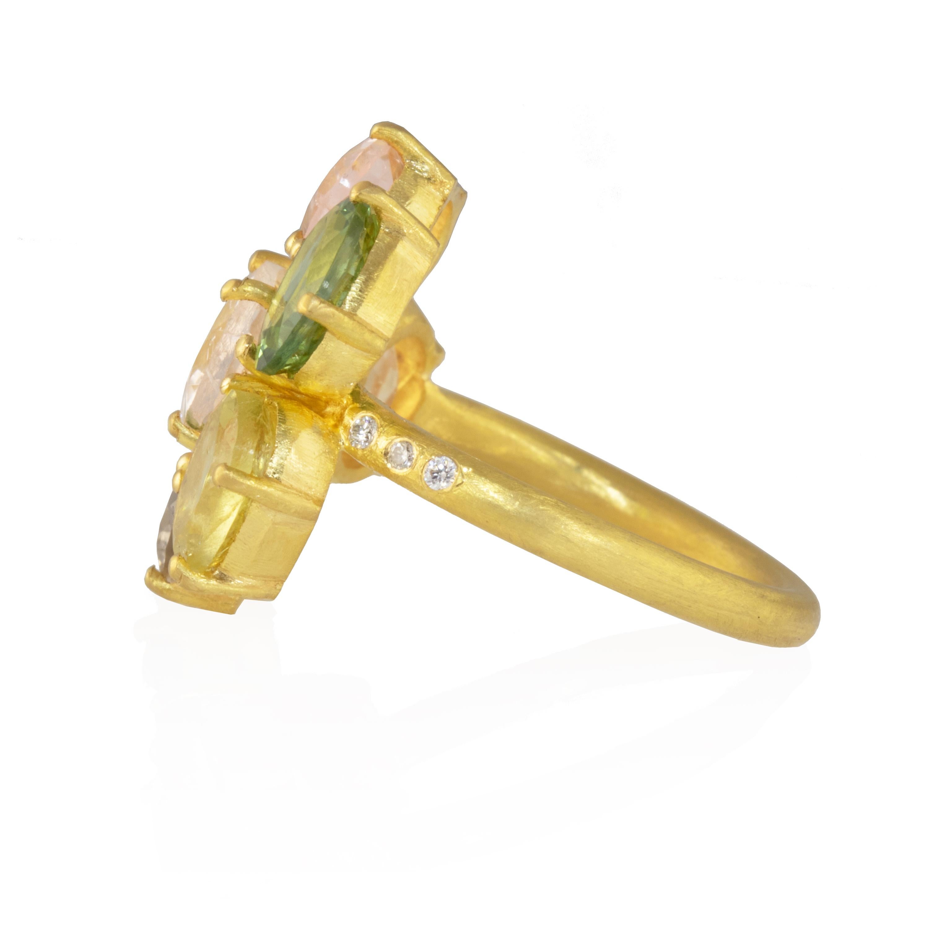 Brilliant Cut Ico & the Bird Fine Jewelry 7.60 carat Tourmaline Diamond Floral Gold Ring For Sale