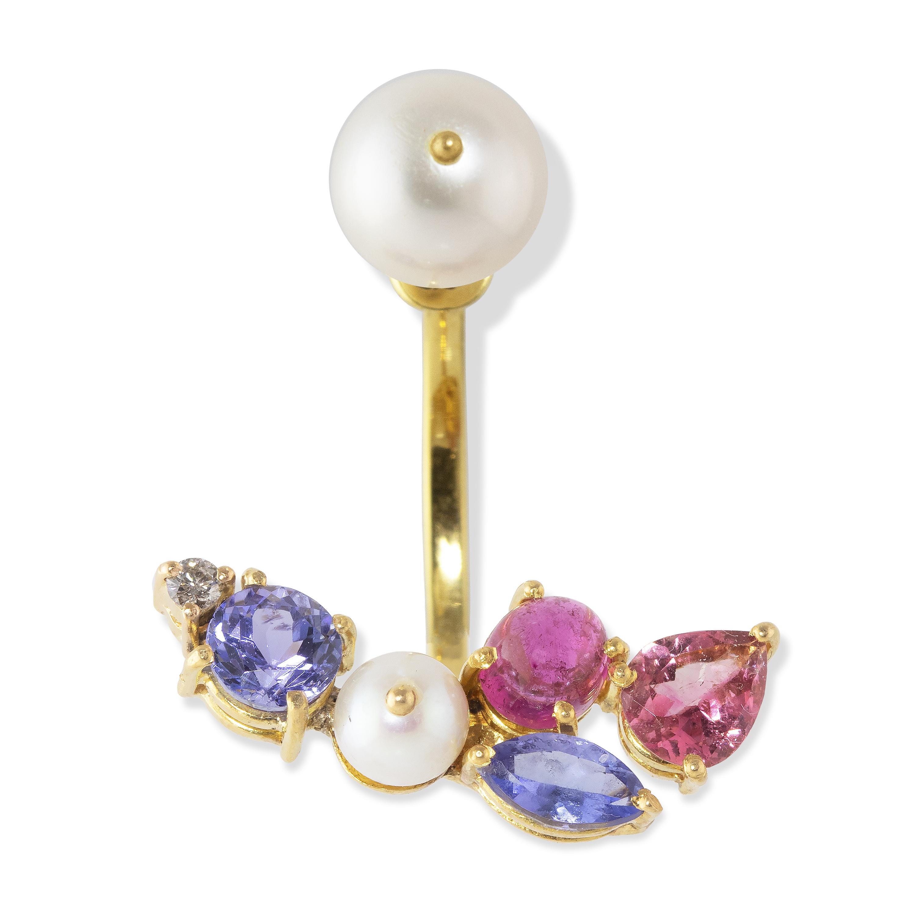 Dramatic and elegant Floating Pearl Drop Earring. Formed into an arc to follow the curve of the ear, this 18k earring features a screw pearl top with pink tourmalines, tanzanites, Akoya pearls and a diamond accent. 

One-of-a-kind.
Guaranty Stamp &