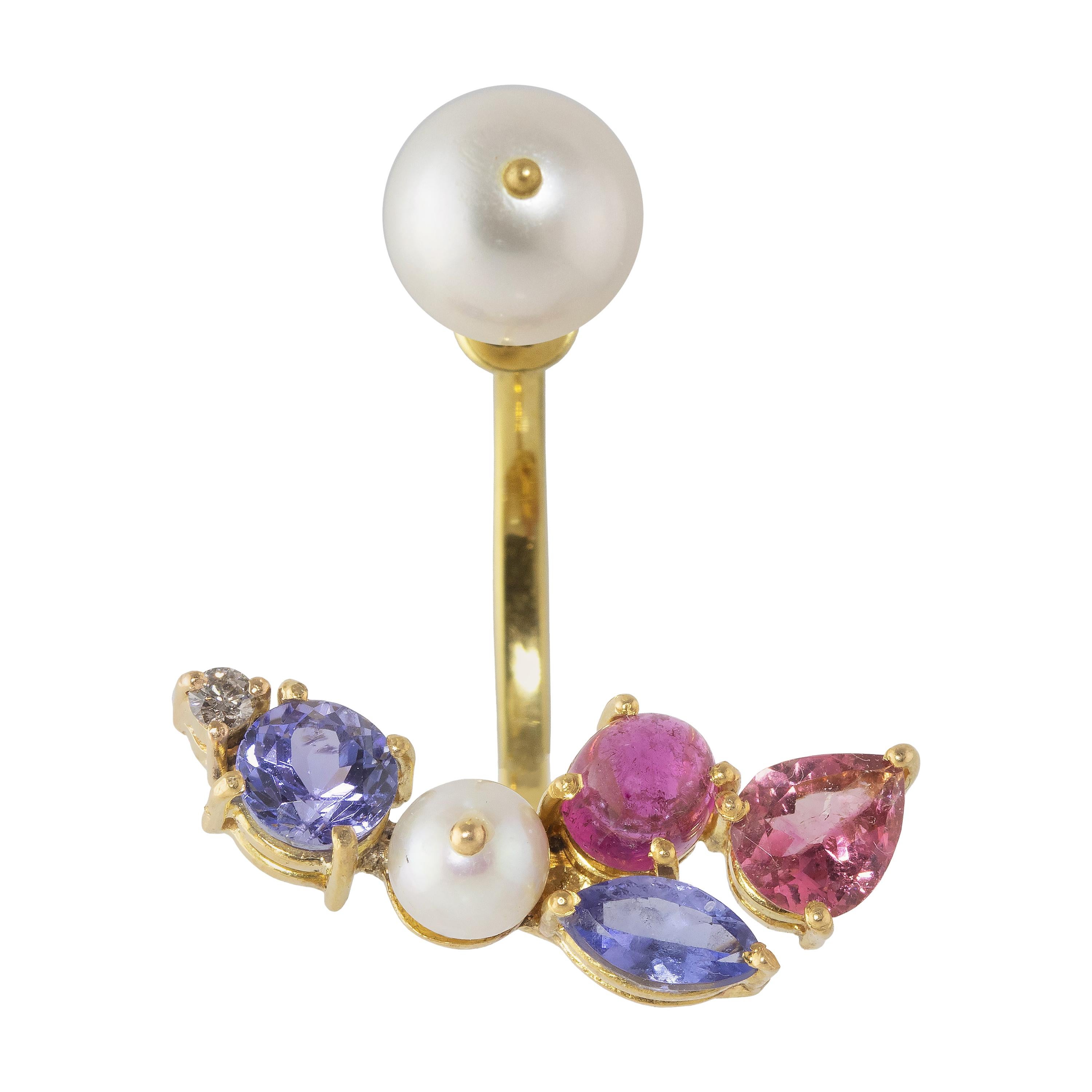 Ico &amp; the Bird Boucles d'oreilles en or 18 carats avec tourmaline, perle et diamants, bijouterie fine