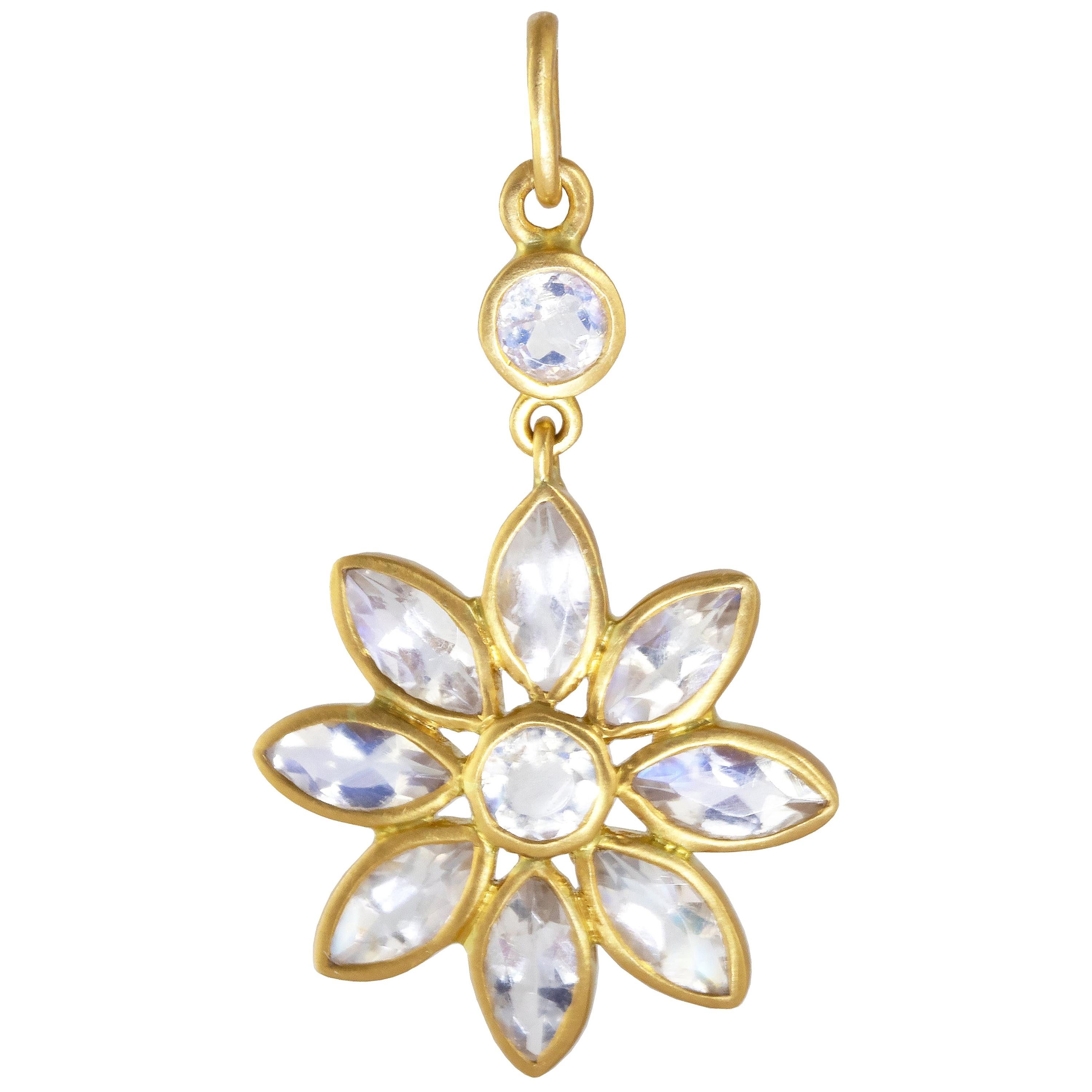 Ico & the Bird Fine Jewlery Rainbow Moonstone 22k Gold Marquise Flower Pendant