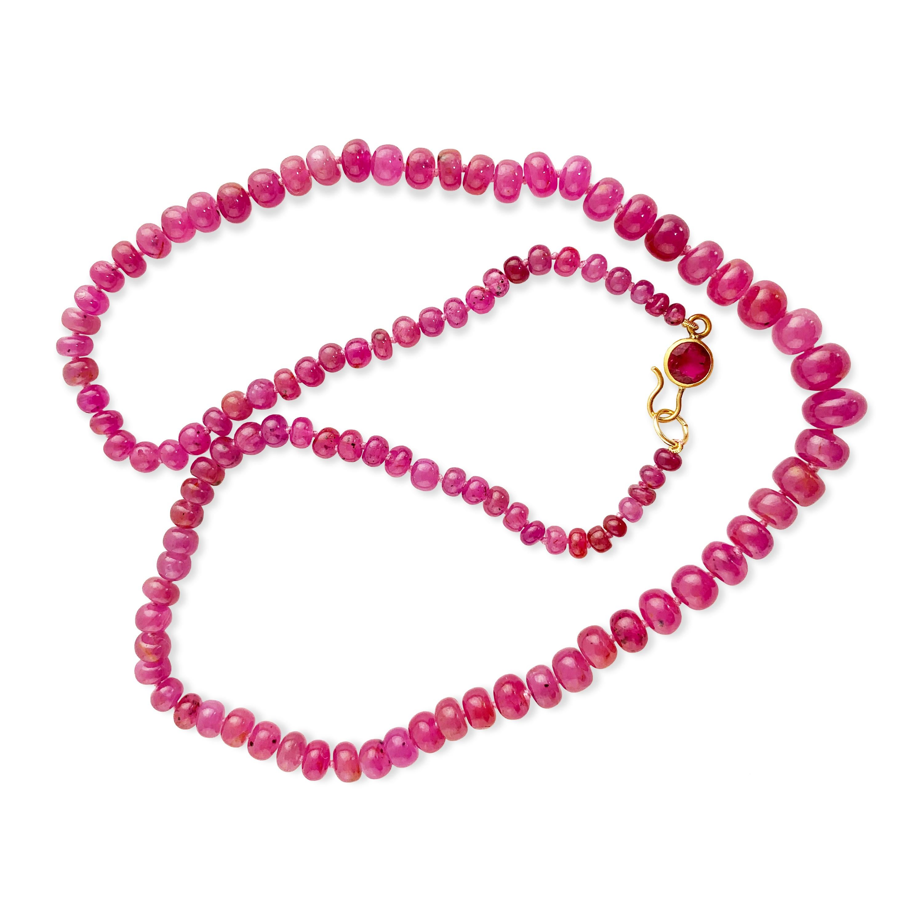 Ruby beaded necklace with a rubellite tourmaline clasp set in 22k gold,  Measuring 22