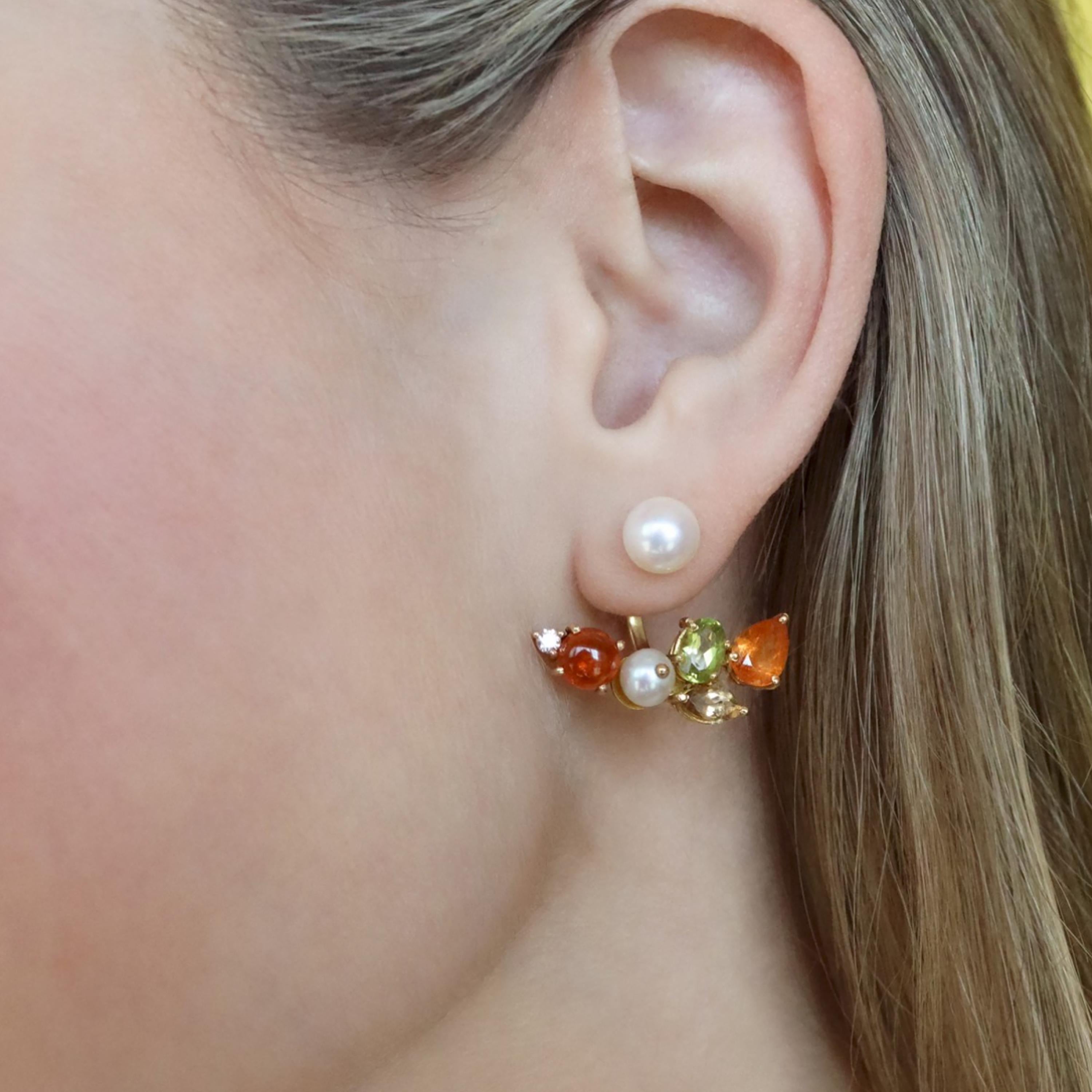 Taille brillant Ico & the Bird, boucles d'oreilles en or 18 carats avec spessartite, morganite, péridot, diamant et perle en vente