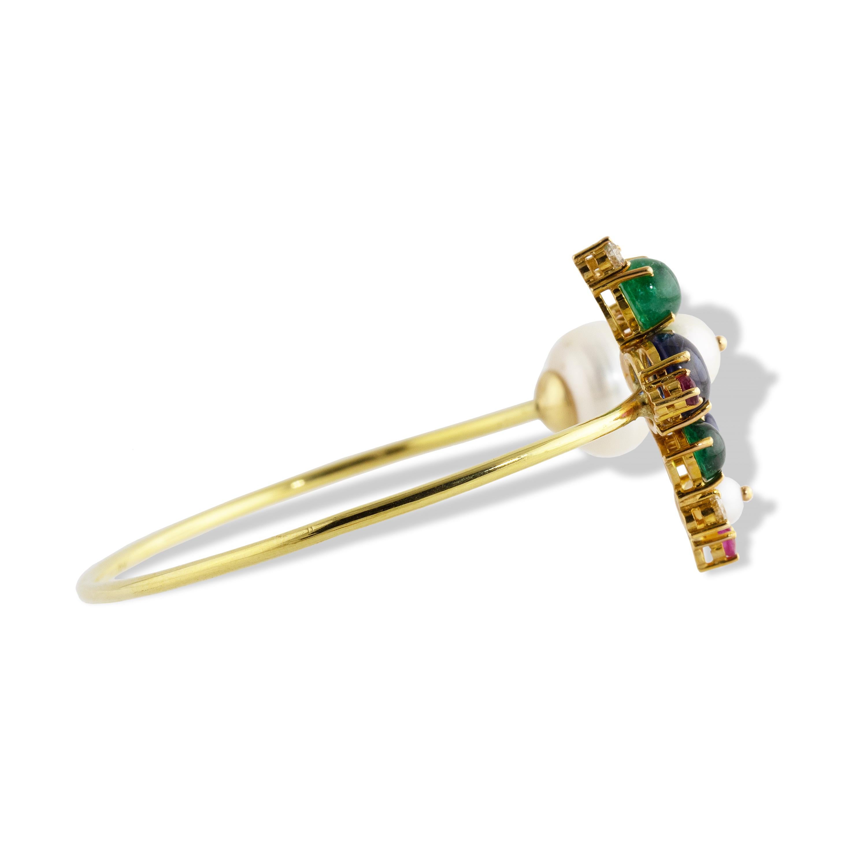 Brilliant Cut Ico & the Bird Tanzanite, Emerald, Ruby, Diamond, Pearl 18k Gold Cuff Bracelet