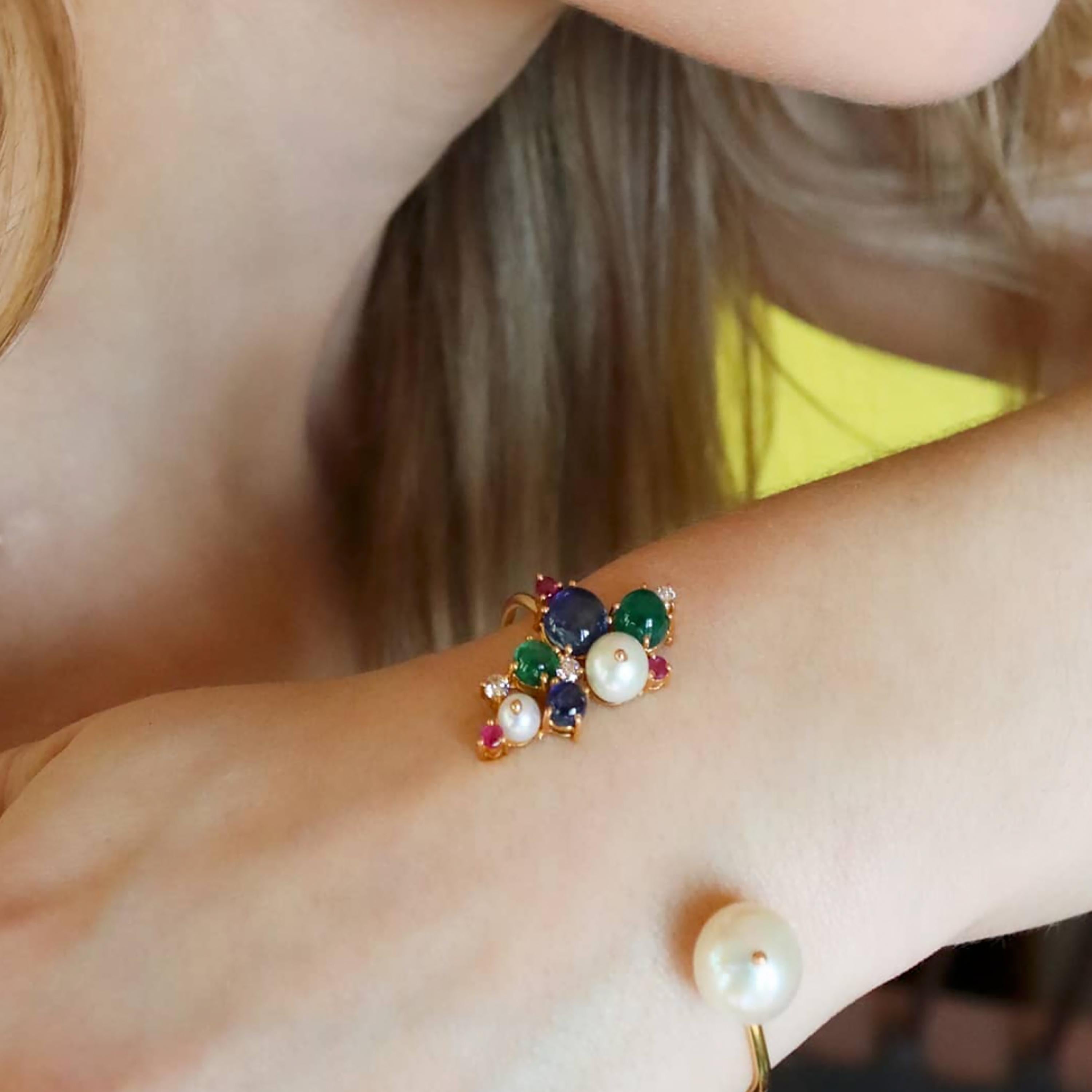 Ico & the Bird Tanzanite, Emerald, Ruby, Diamond, Pearl 18k Gold Cuff Bracelet 2