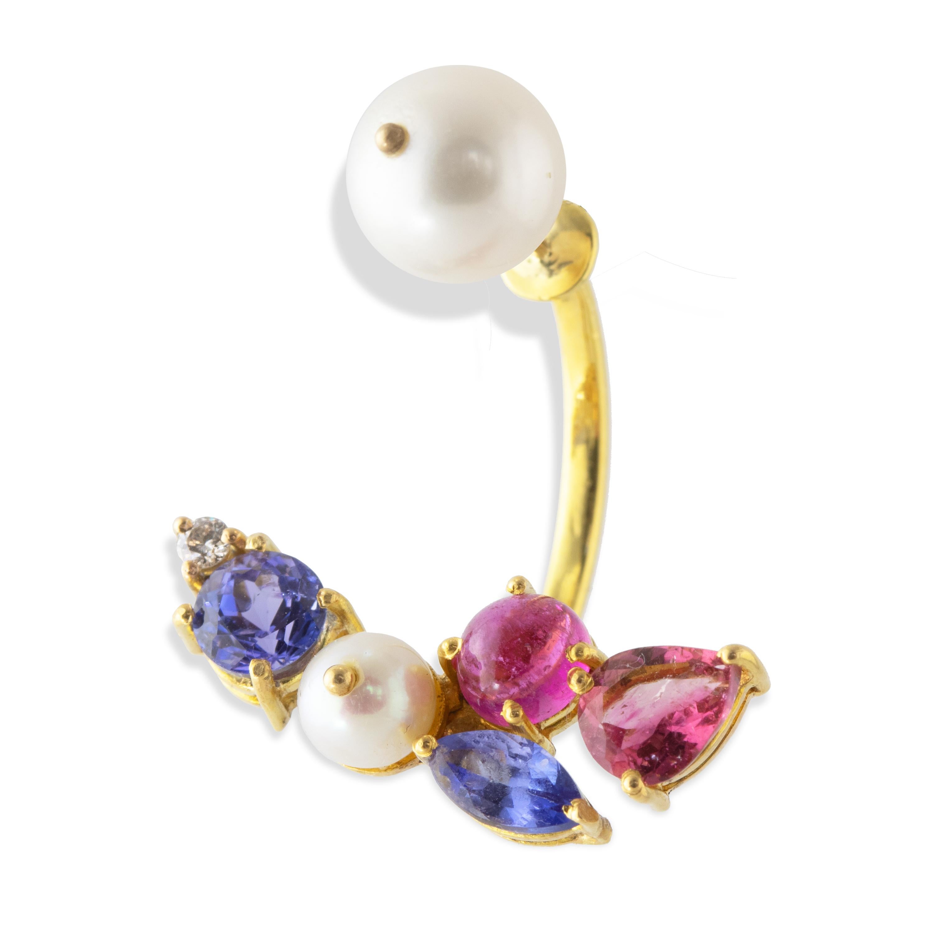 Artisan Ico & the Bird Fine Jewelry Tourmaline Pearl Diamond 18k Gold Earring For Sale