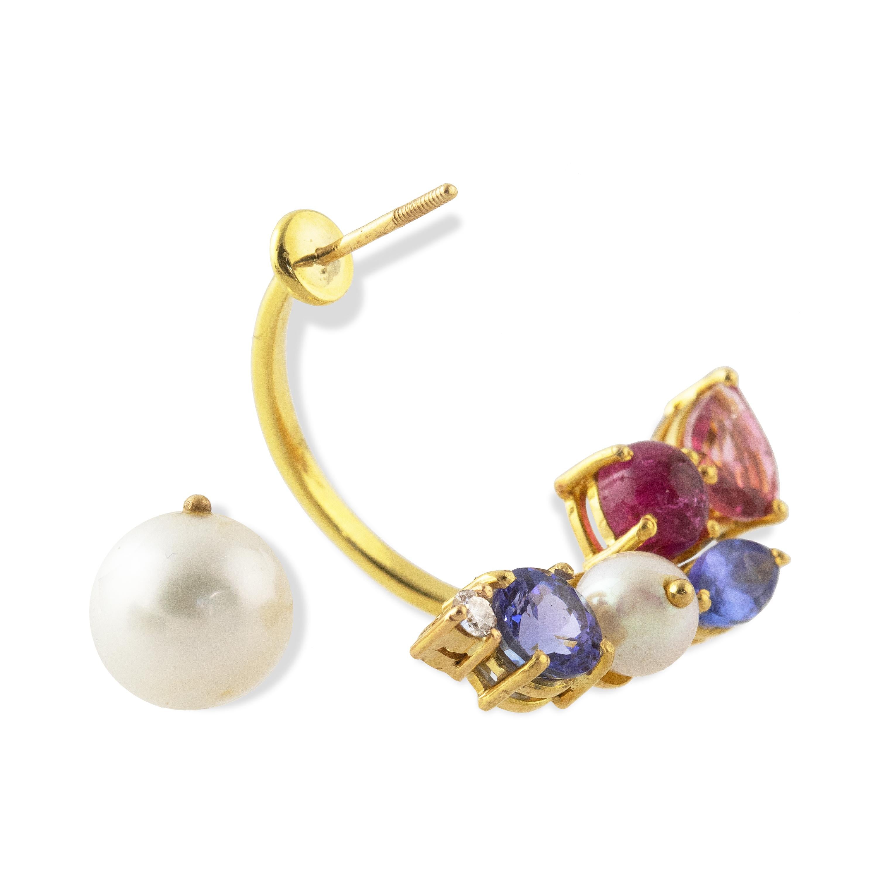 Ico & der Vogel, 18 Karat Gold-Ohrring mit Turmalin, Perle und Diamant (Brillantschliff) im Angebot
