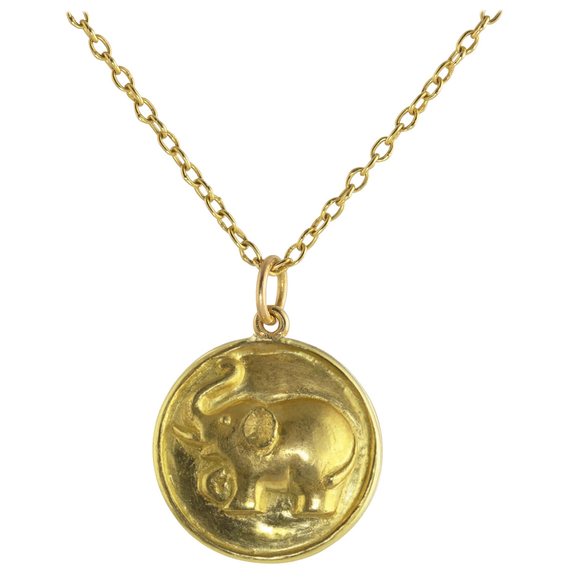 Ico & the Bird & Turquoise Mountain Myanmar Tusked Elephant 18k Gold Medallion For Sale