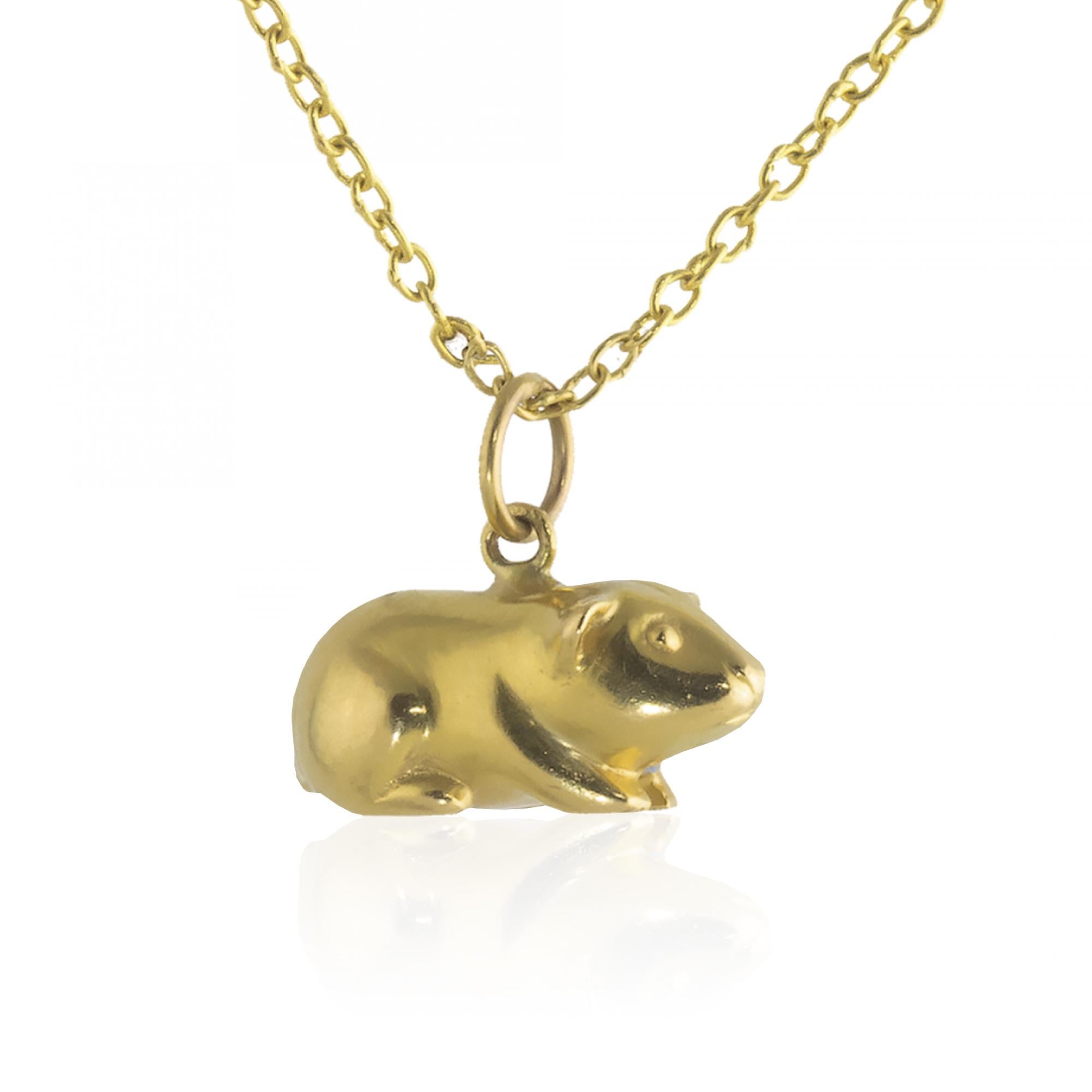 Artisan Ico & the Bird w/ Turquoise Mountain Myanmar Guinea Pig Zodiac 18k Gold Necklace For Sale