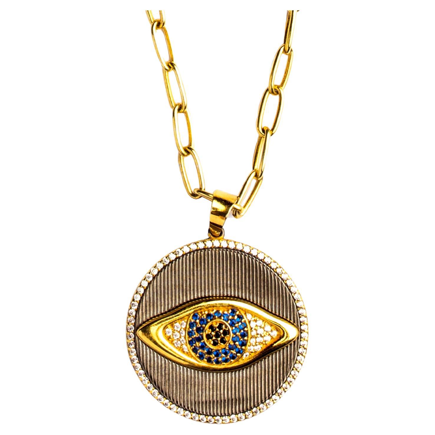 Icon Blue Eye Pendant Black Rodium Plated Necklace For Sale