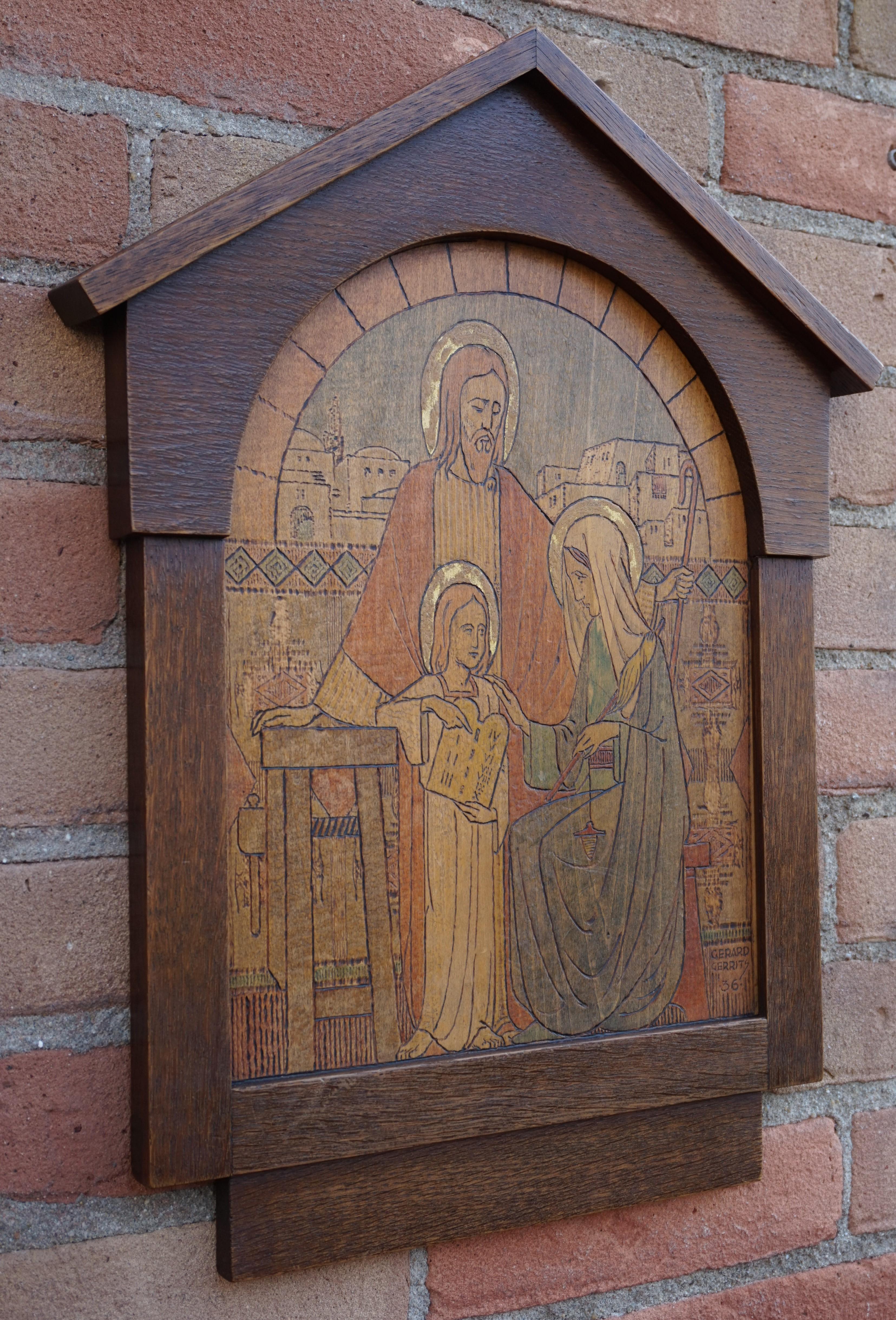 Icon Like Art Deco Wall Plaque of Young Jesus, Joseph & Mary by Gerard Gerrits For Sale 6