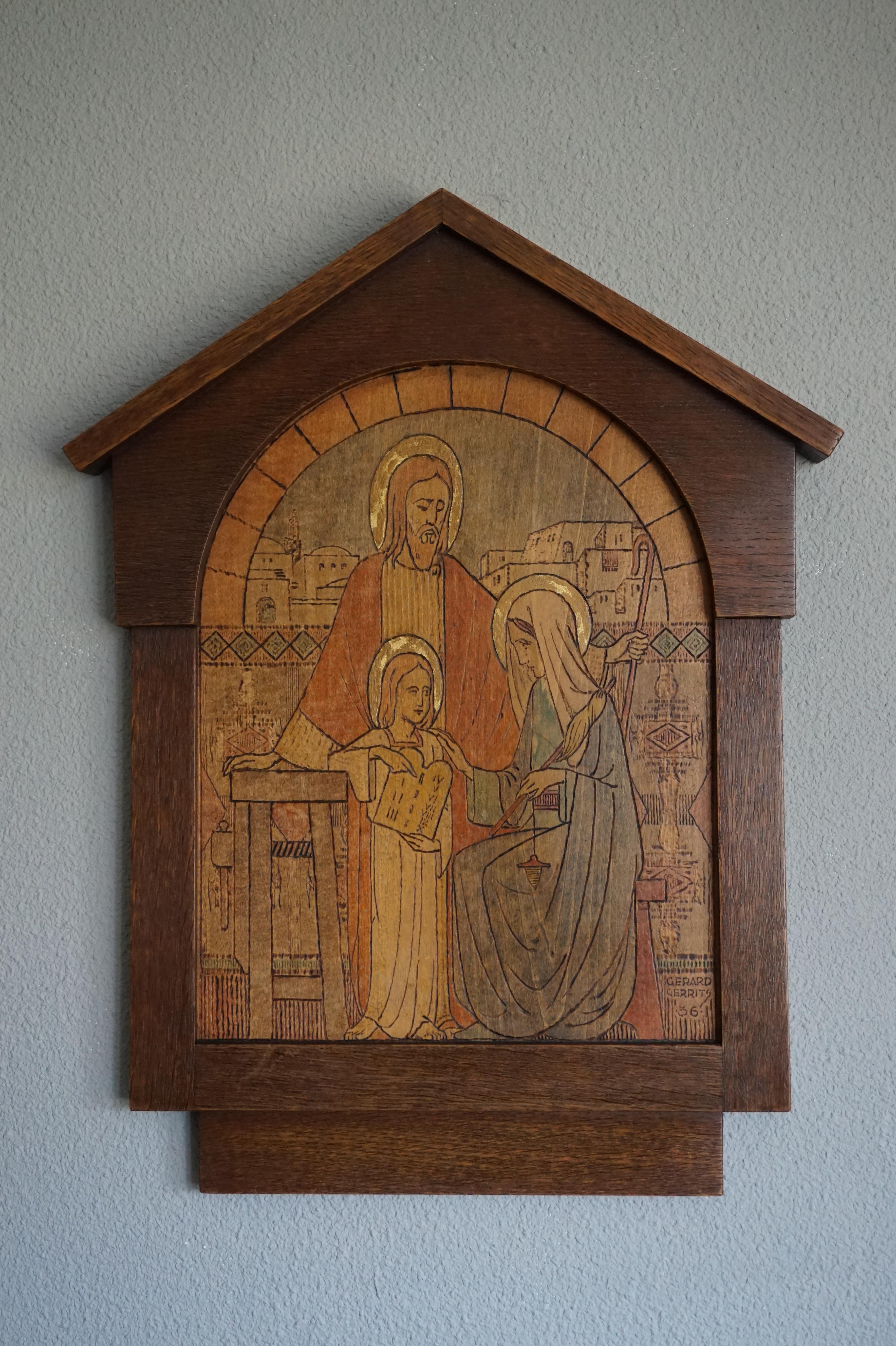 Beautifully handcrafted and serene work of religious art from 1936.

Handcrafted in 1936 by Artist Gerard Gerrits this wall sculpture was a fairwell gift to the departing president of one of the Saint Jacob foundations here in Holland. Much like for