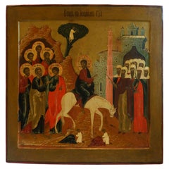 Antique Icon on wooden panel depicting the Entry in Jerusalem on Palm Sunday, 19th c.