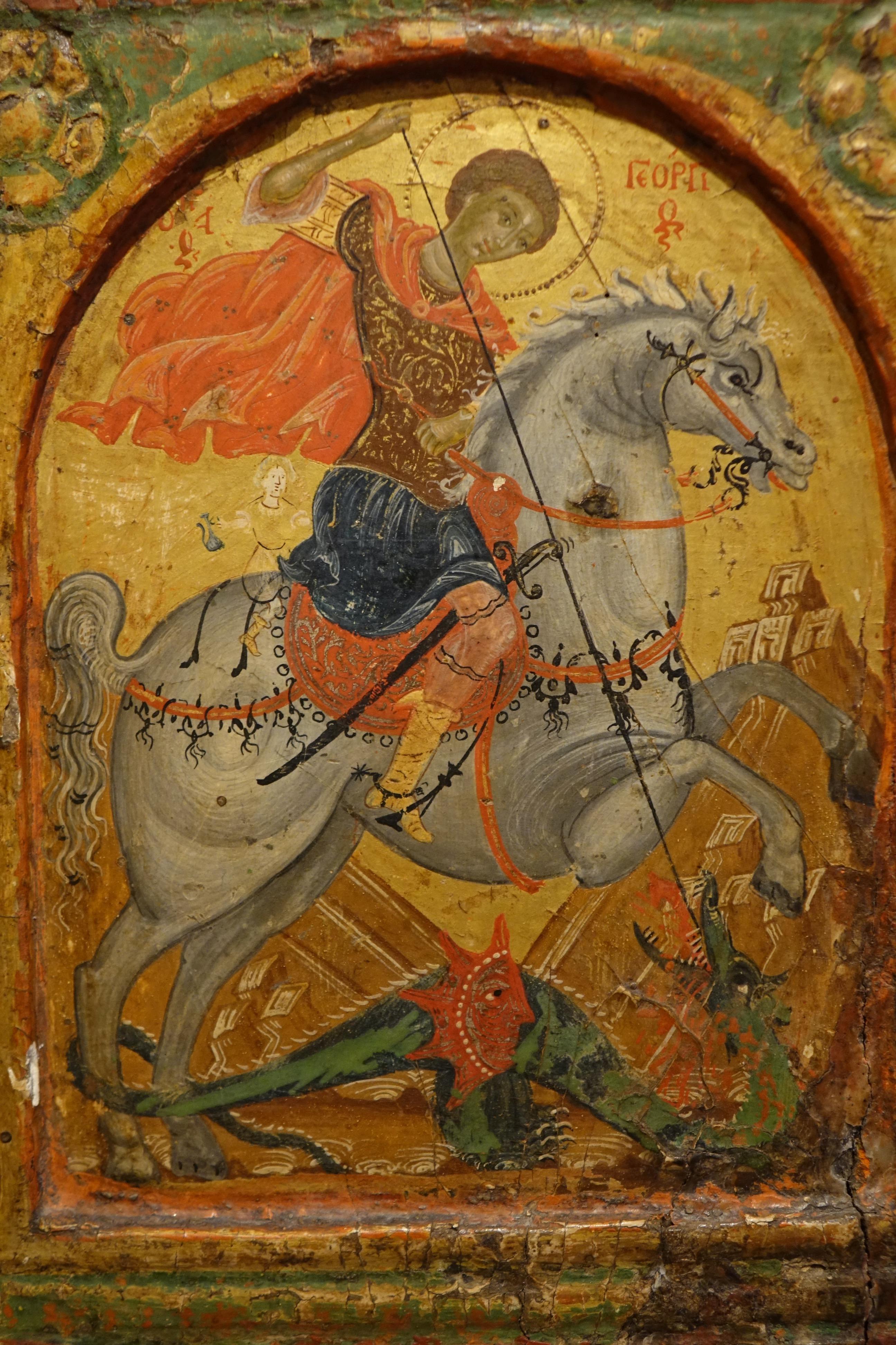 Icono que representa a Saint George luchando contra el dragón al estilo del siglo XVI. Renacimiento en venta