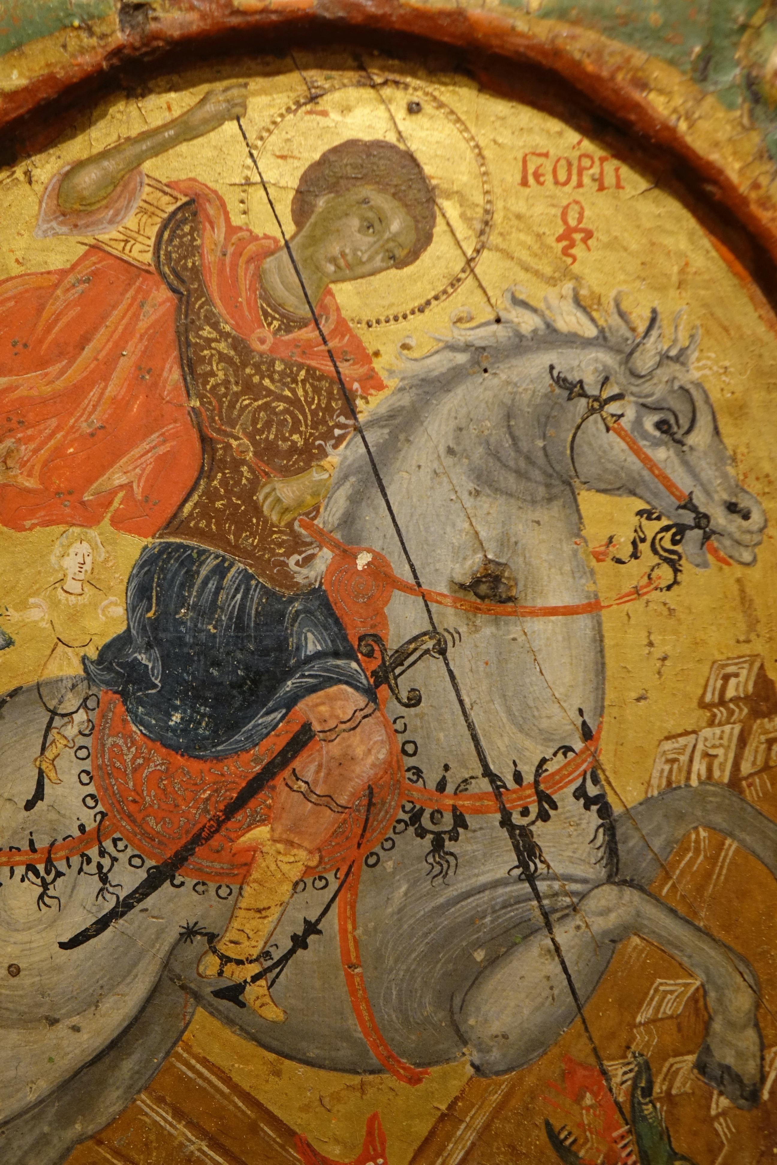 Icono que representa a Saint George luchando contra el dragón al estilo del siglo XVI. siglo XVIII en venta