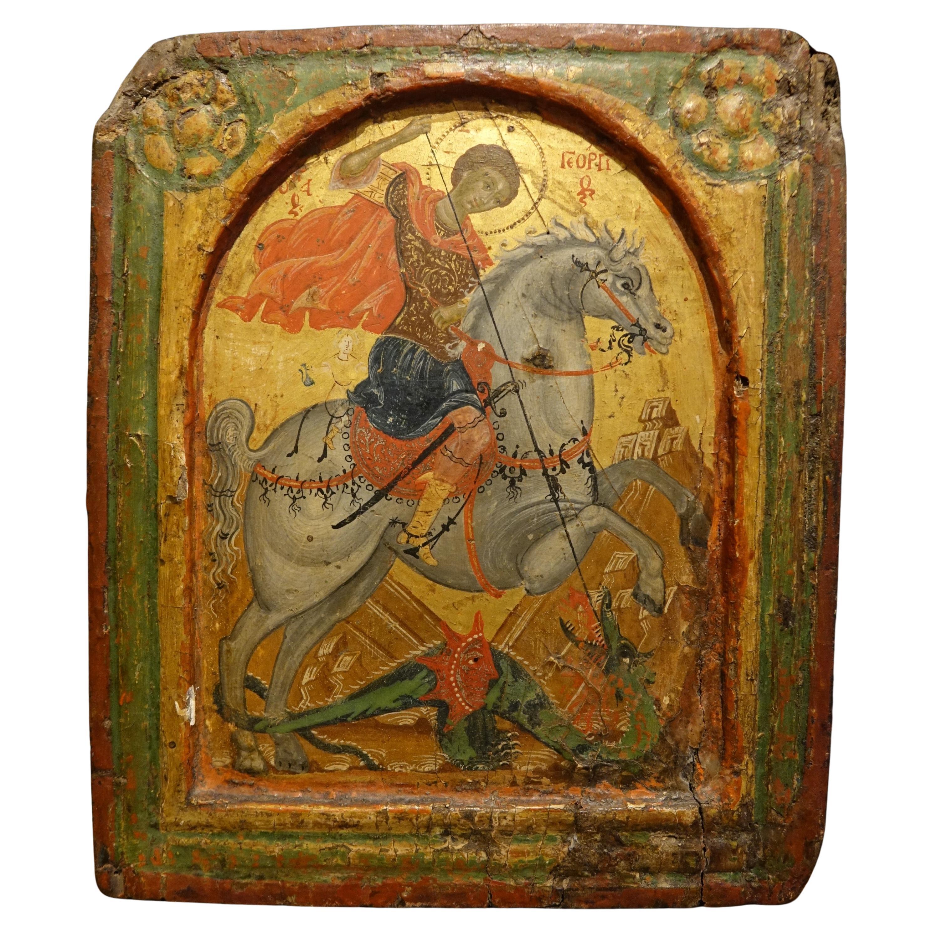 Icono que representa a Saint George luchando contra el dragón al estilo del siglo XVI.