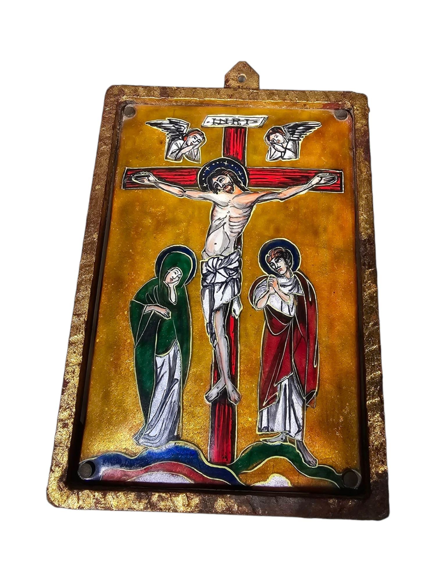 Copper Icon with Enameled Christ For Sale