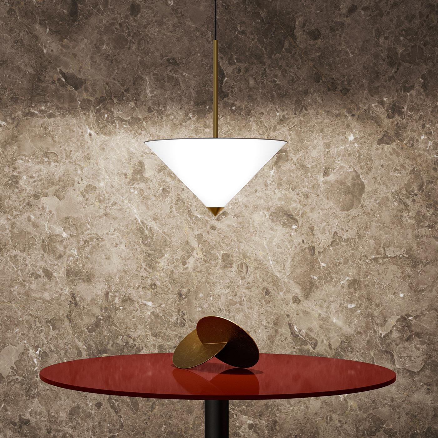 An extravagant design by Lorenza Bozzoli, this pendant lamp will make for an iconic addition to an eclectic contemporary interior. Suspended from a satin nickel rose, it features a conical shade made of satin white polycarbonate and enriched with