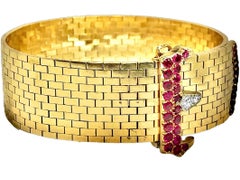 Iconic 14k Gold American Brick Link Buckle Bracelet with Rubies and Diamonds
