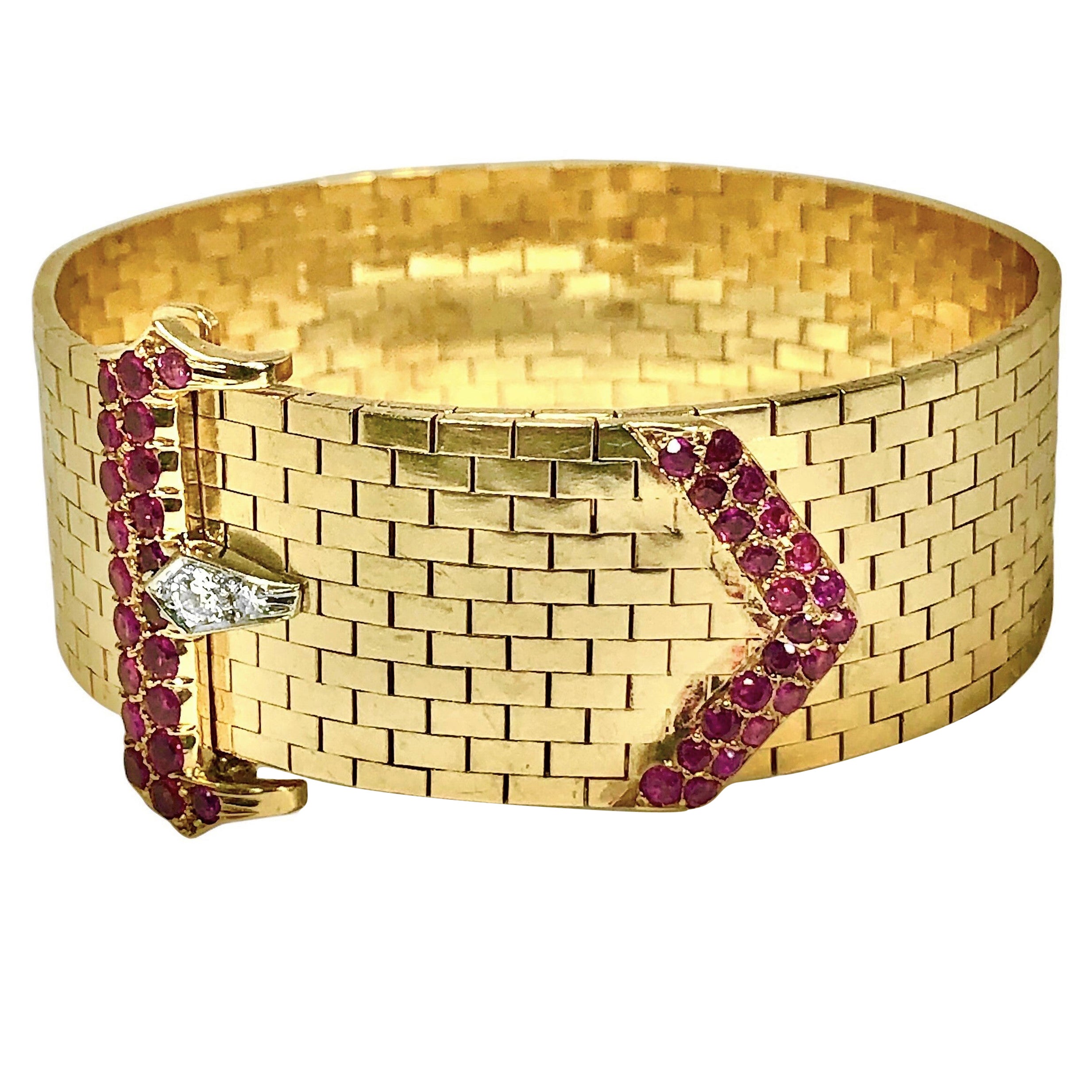 Iconic 14k Gold American Brick Link Buckle Bracelet with Rubies and Diamonds