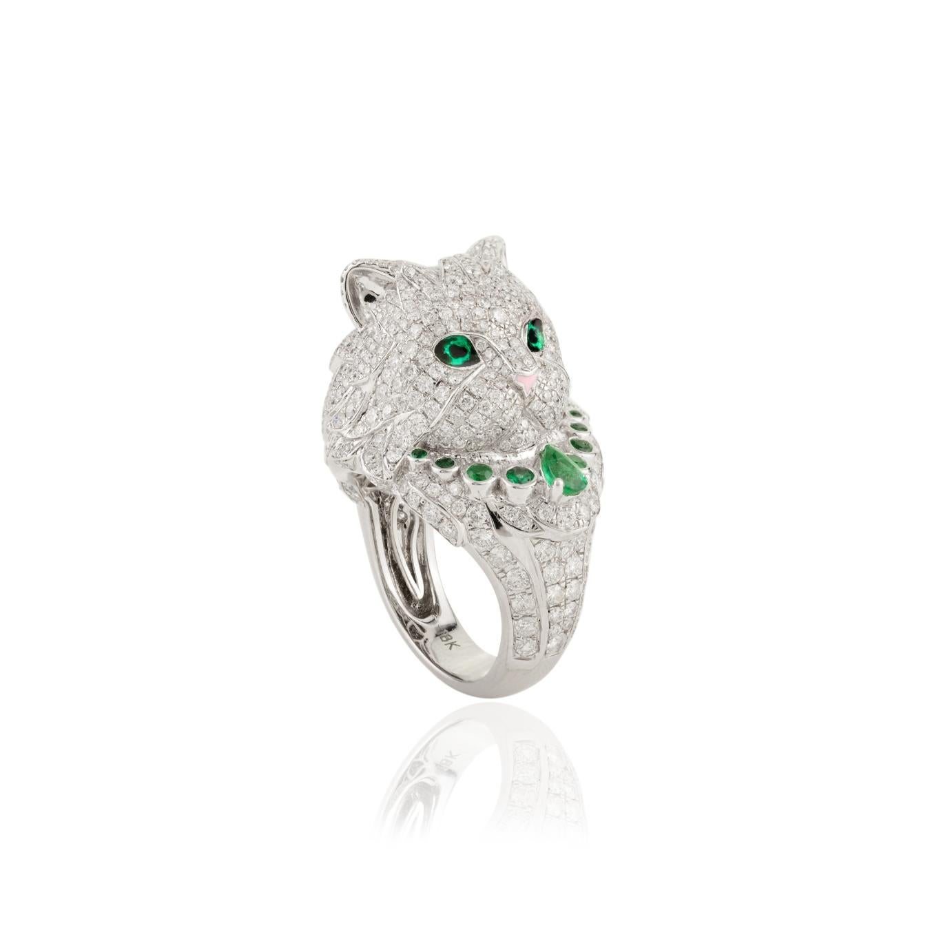 Im Angebot: Ikonischer Katzenring, Tierschmuck, 18 Karat massives Weißgold mit Smaragd & Diamant () 7
