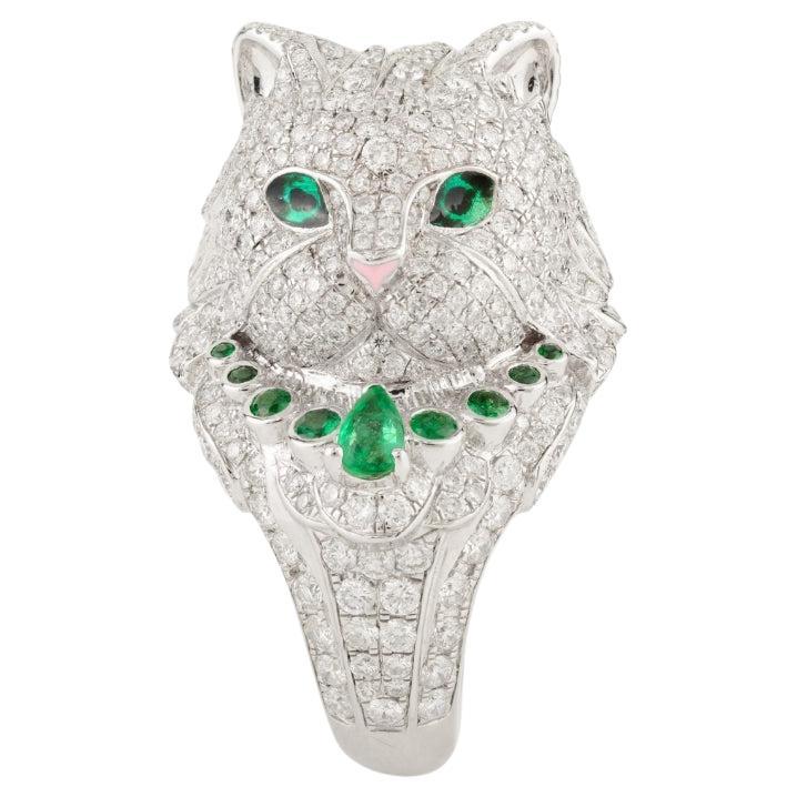 Iconic 18k Solid White Gold With Emerald & Diamond Cat Ring Animal Jewelry