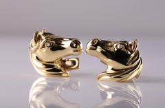 Iconic 18 Karat Yellow Gold Horse Head Cufflinks with Diamond Eyes