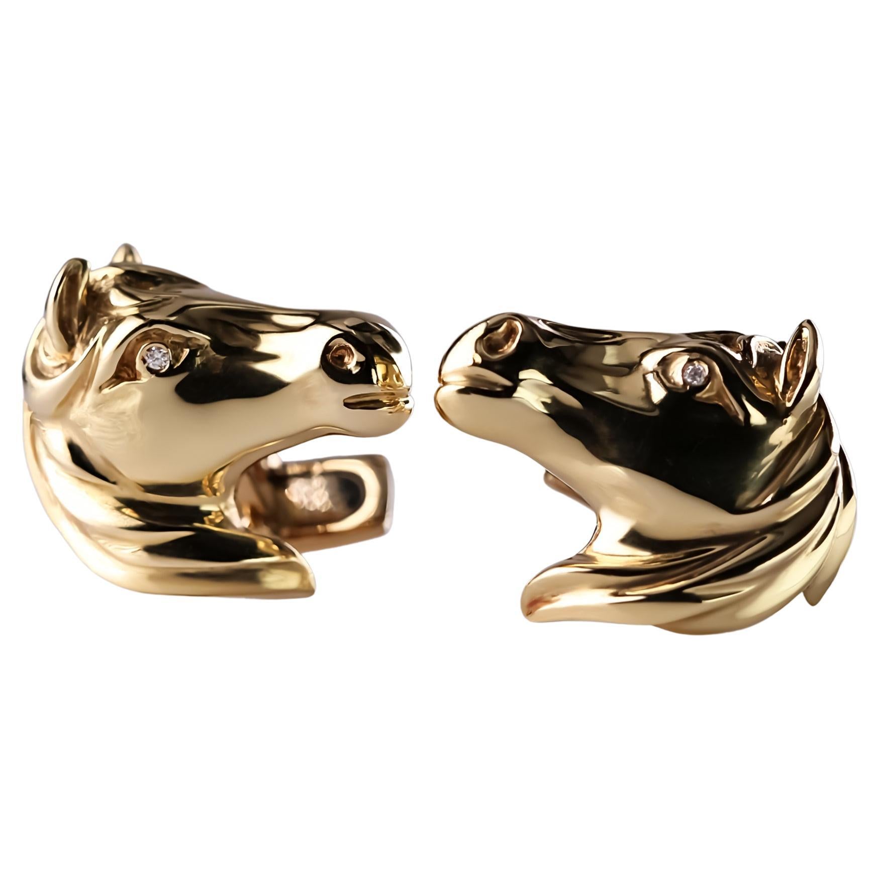 Iconic 18 Karat Yellow Gold Horse Head Cufflinks with Diamond Eyes For Sale