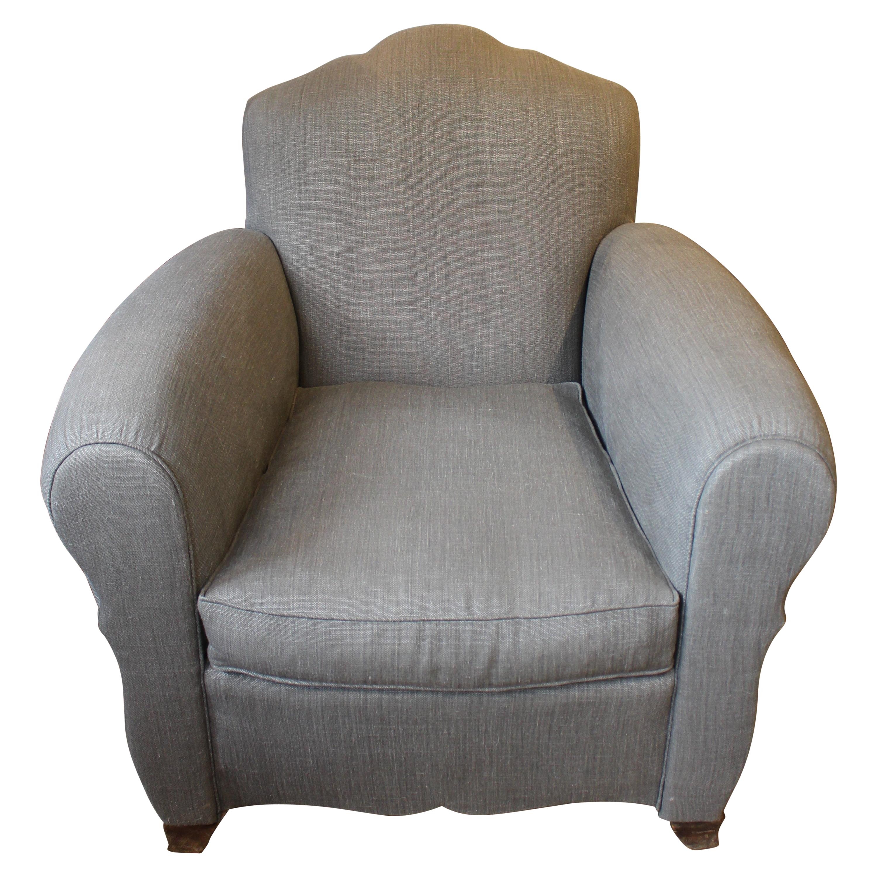 Iconic 1940 French Art Deco Club Chair Armchair Re-Upholstered Grey French Linen For Sale